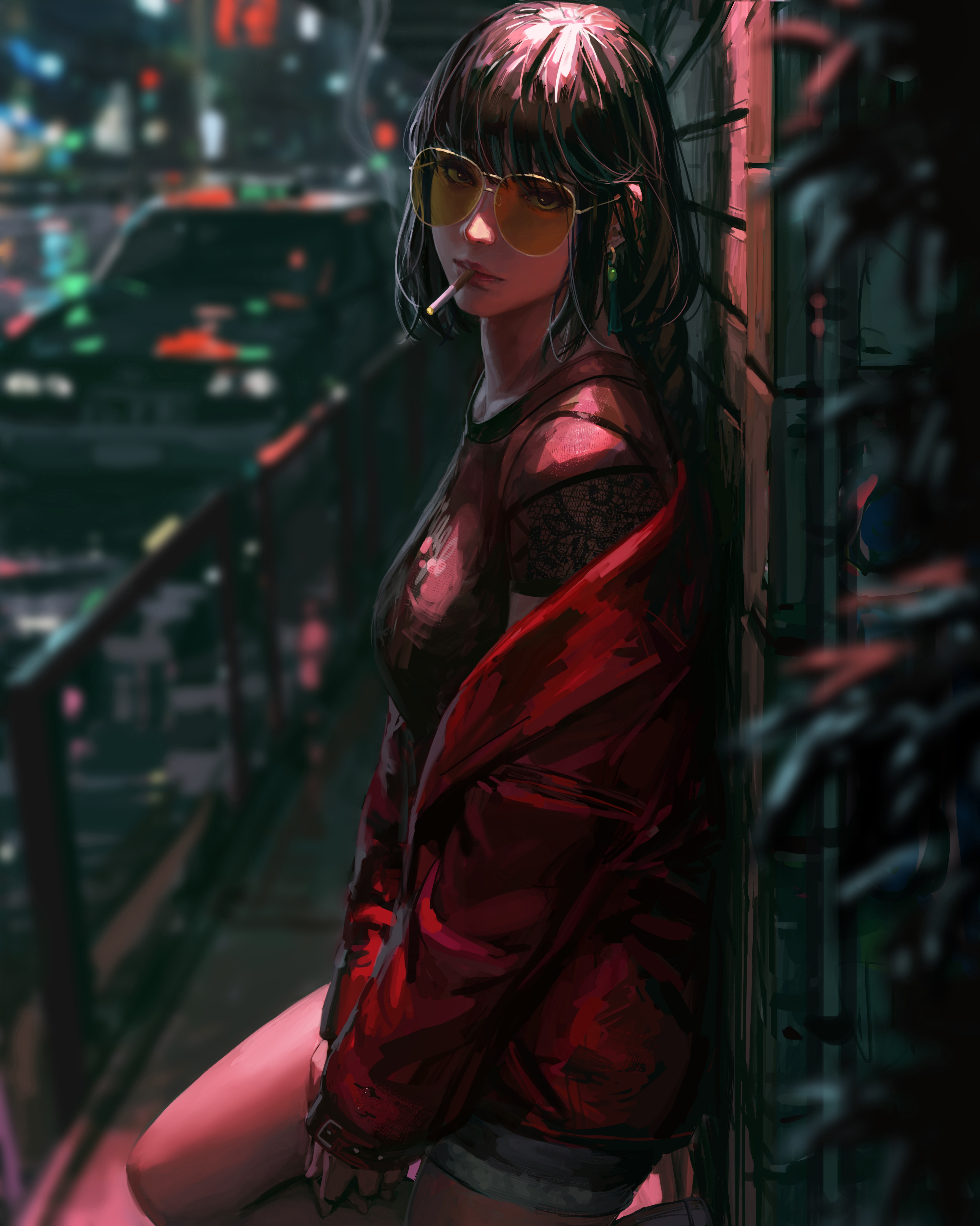 4K GUWEIZ concept art of a woman smoking HD Phone Wallpaper
