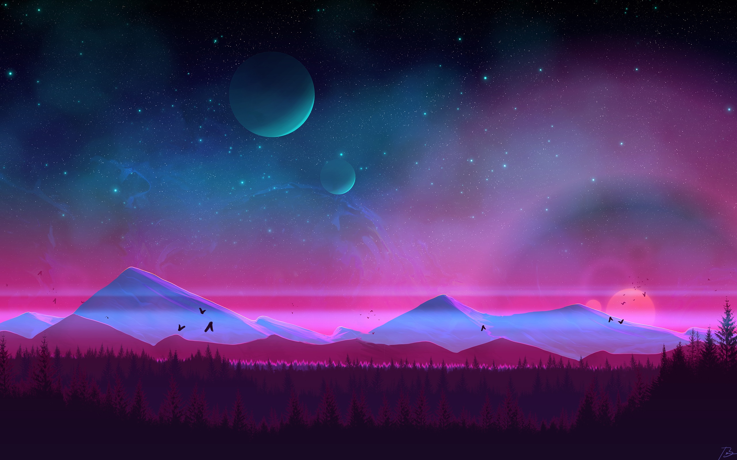 Digital painting of a starry landscape with mountains and planets HD Wallpaper