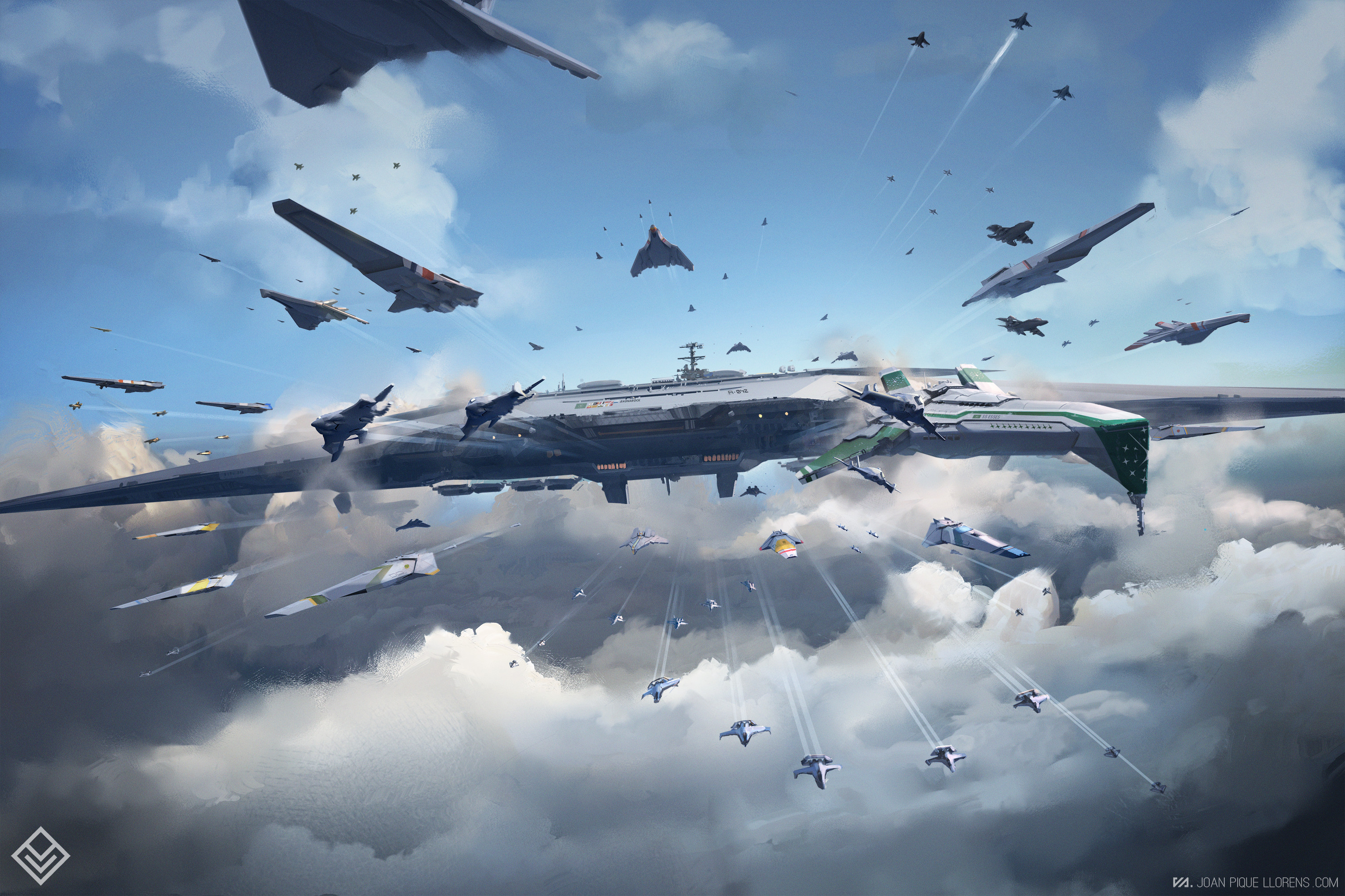 Science fiction aircraft carrier with fighter jets in the sky HD Wallpaper