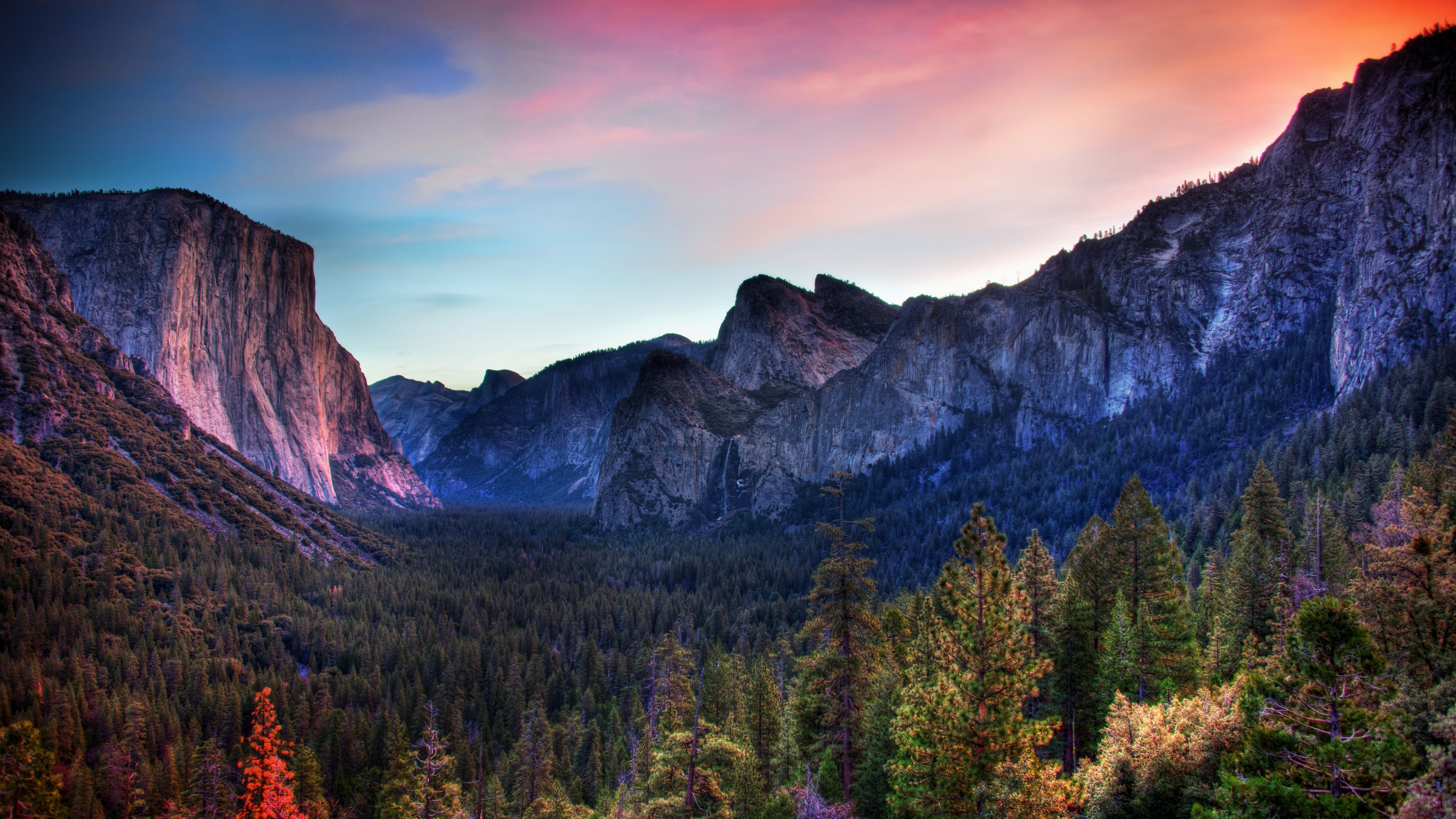 4K Yosemite Valley mountains at sunset glow HD Wallpaper