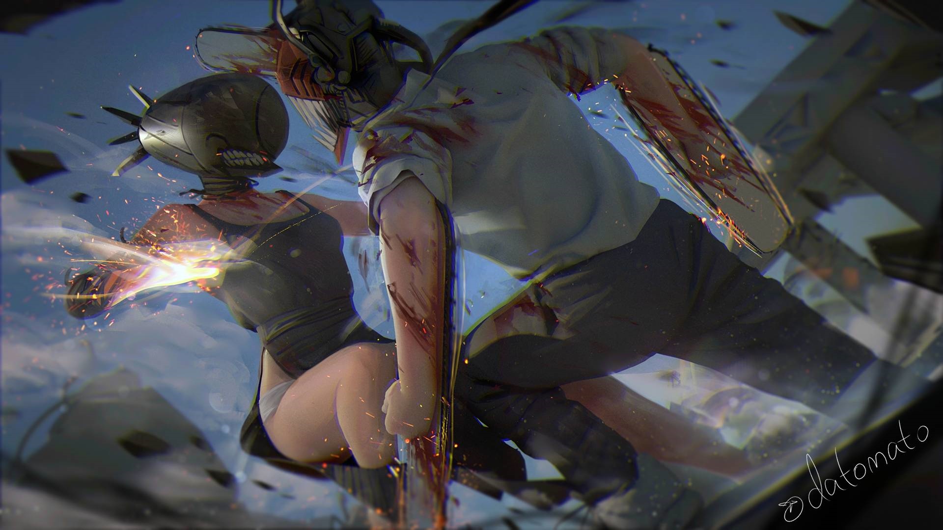 Denji and Reze fighting with chainsaws HD Wallpaper