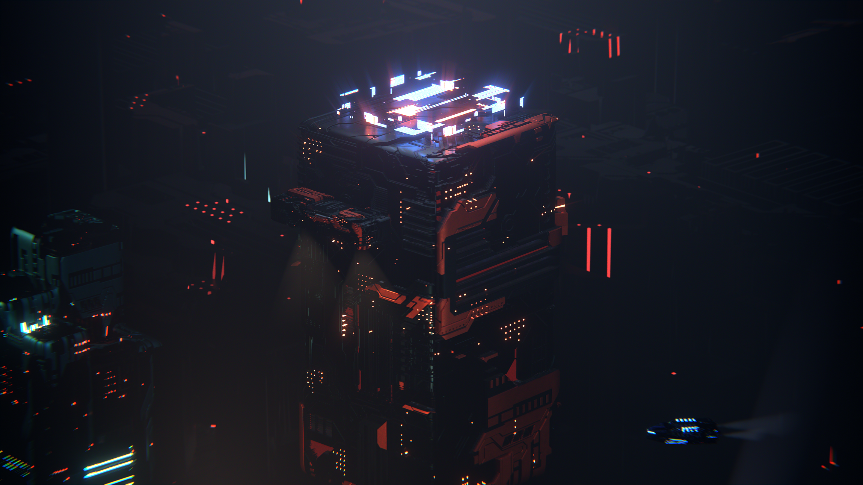 Cyberpunk city with futuristic buildings and flying vehicles HD Wallpaper