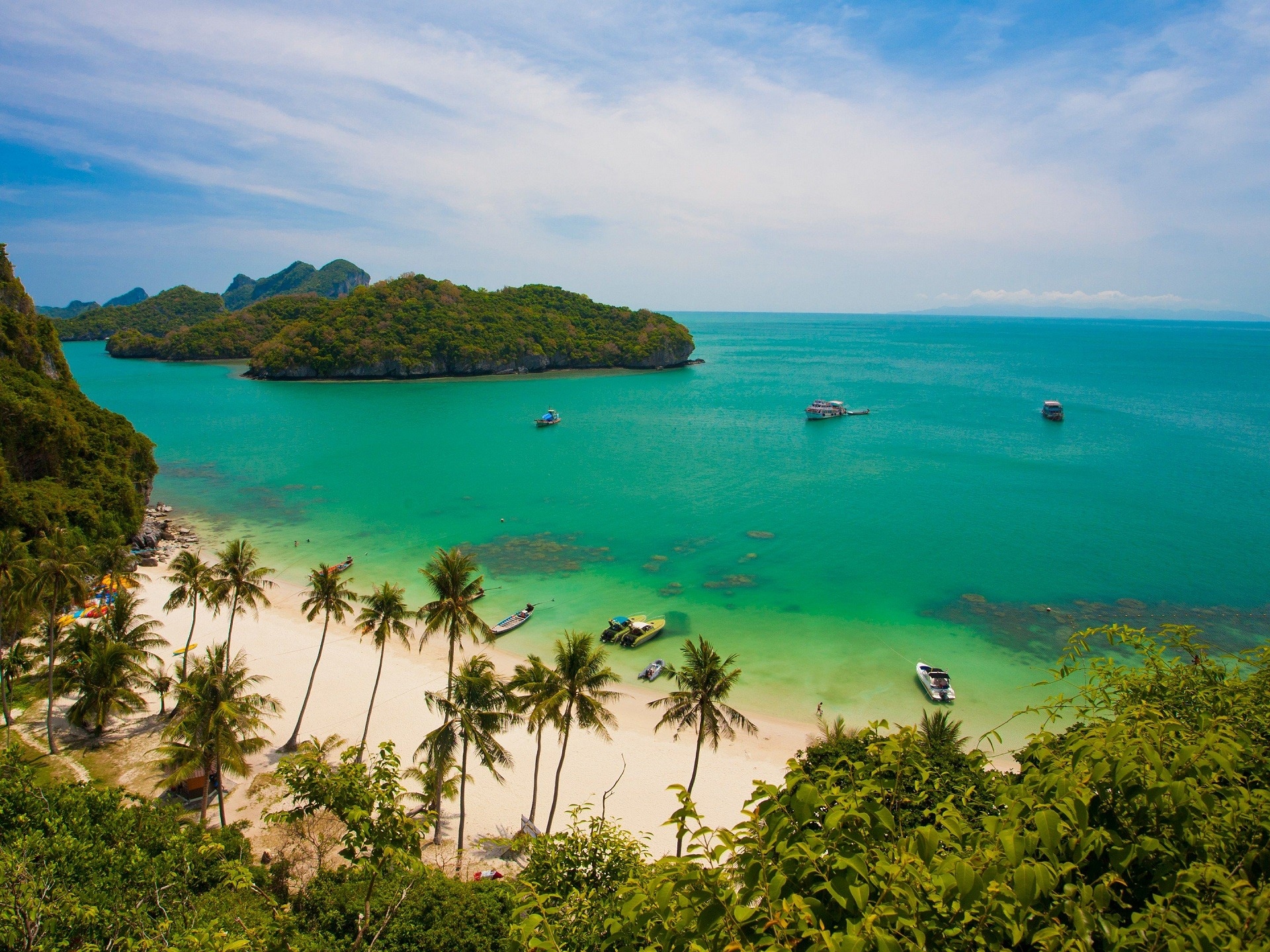 Tropical beach with palm trees and turquoise sea HD Wallpaper