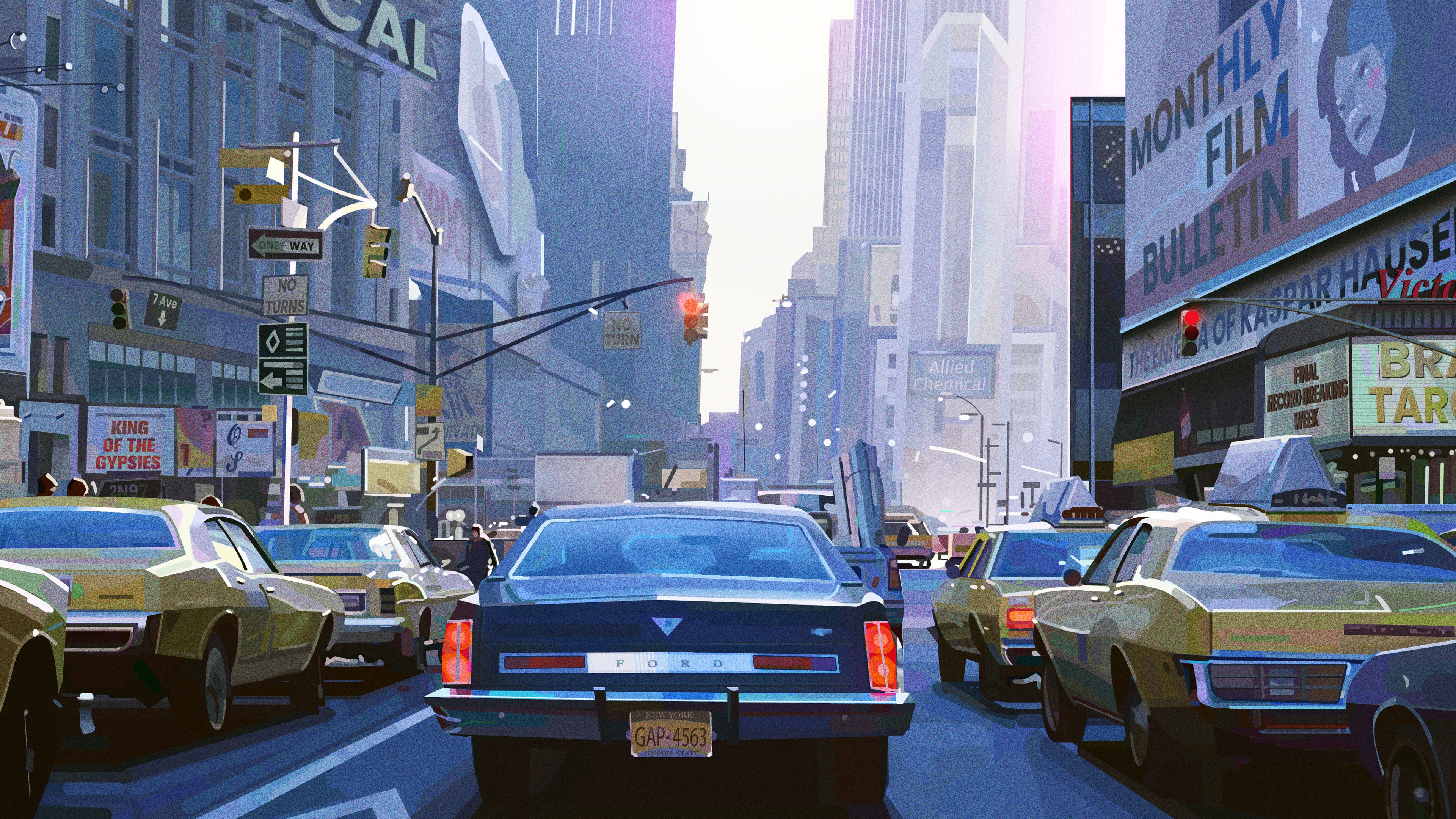 4K New York City street with taxis and billboards HD Wallpaper