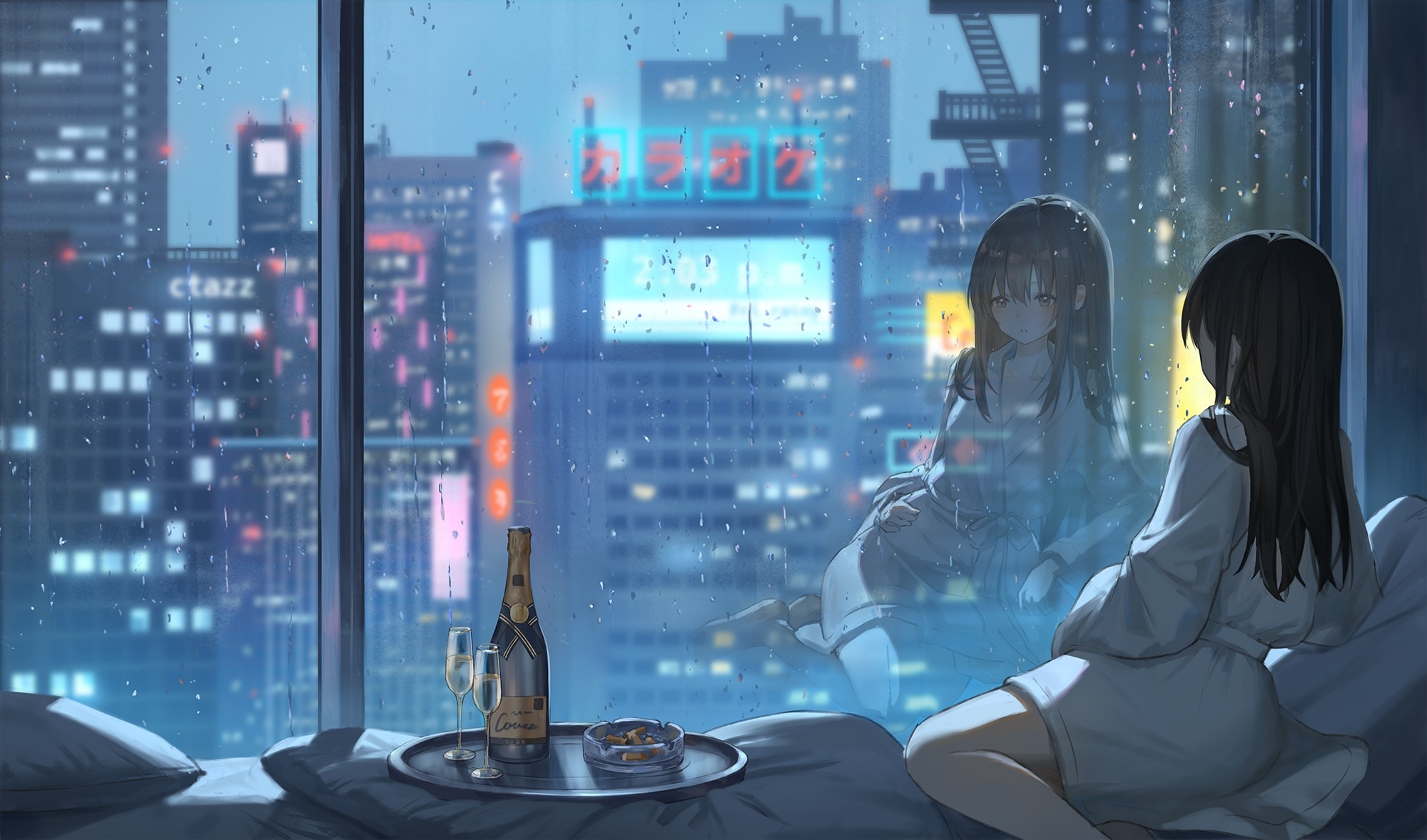 Girl in bathrobe by window with city view and champagne HD Wallpaper