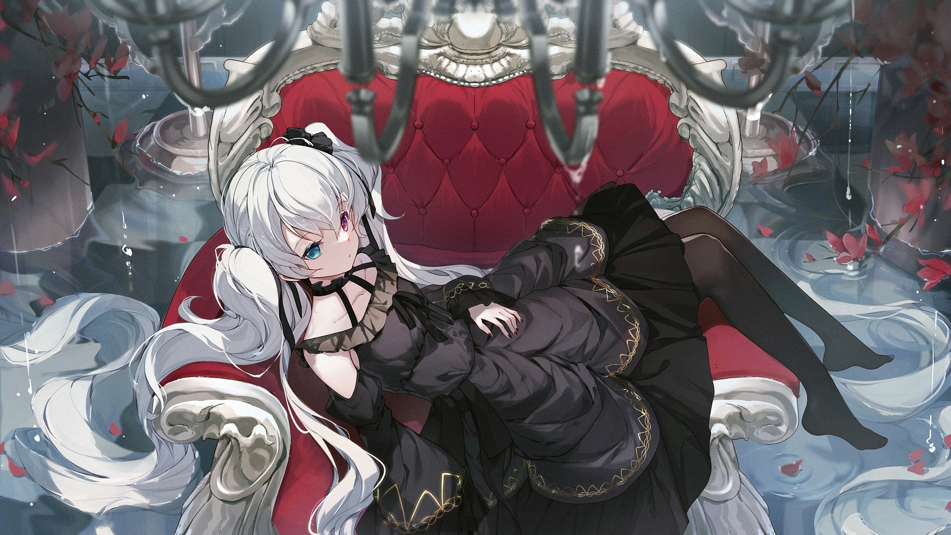Hatsune Miku in a black dress on a red throne HD Wallpaper