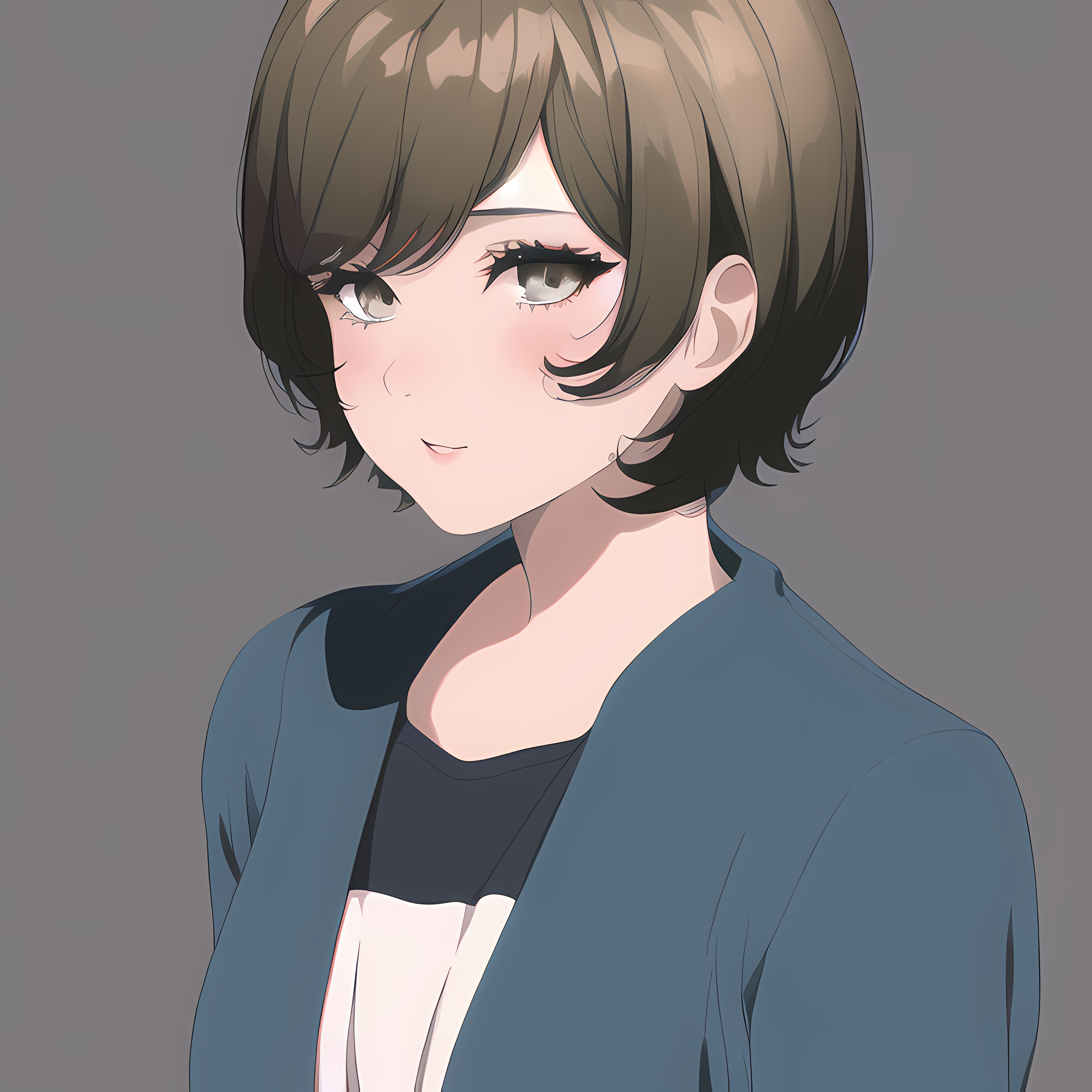 Anime girl with short brown hair wearing a blue jacket HD Wallpaper