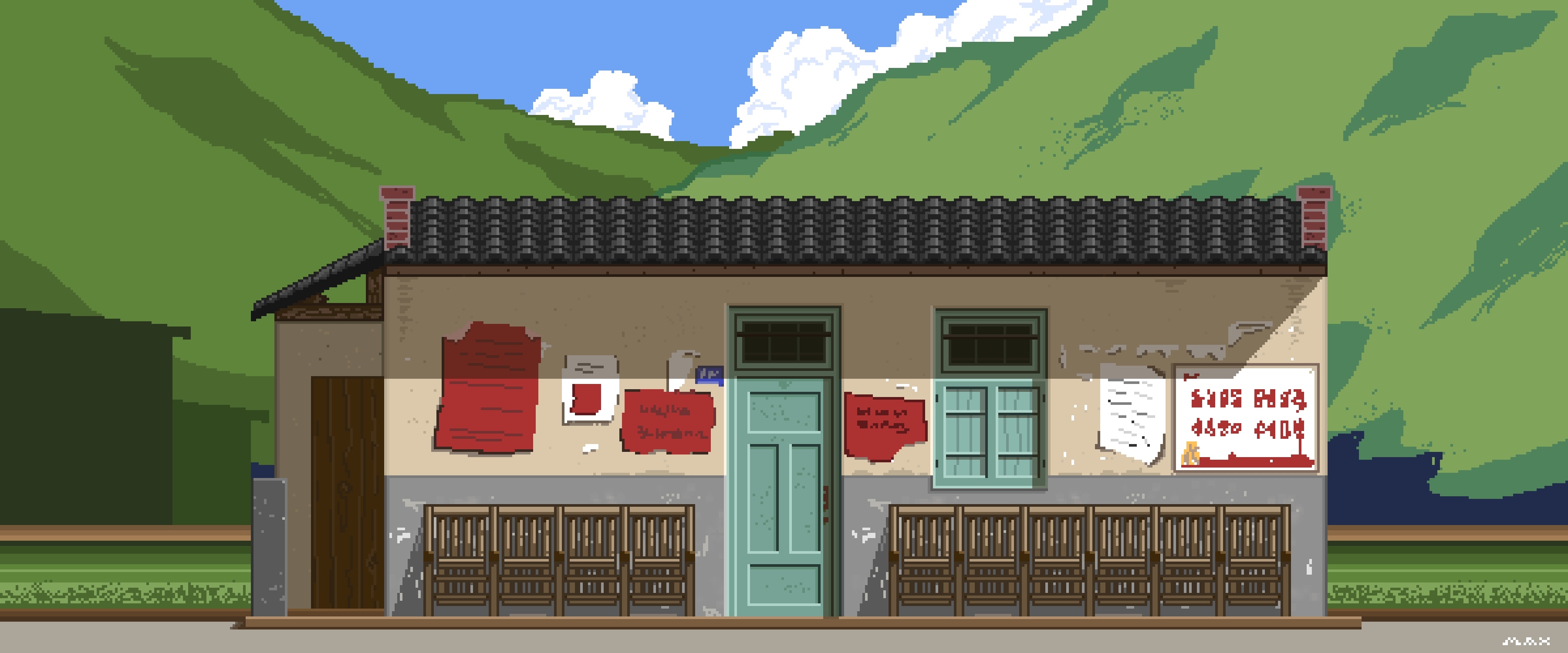 Pixel art of a building with mountains in the background HD Wallpaper