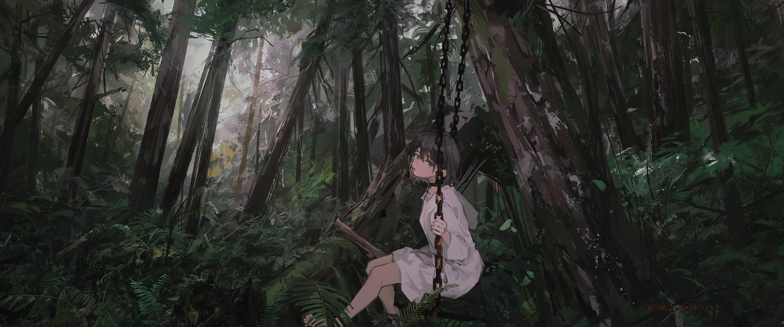 Girl on a swing in a dark forest HD Wallpaper