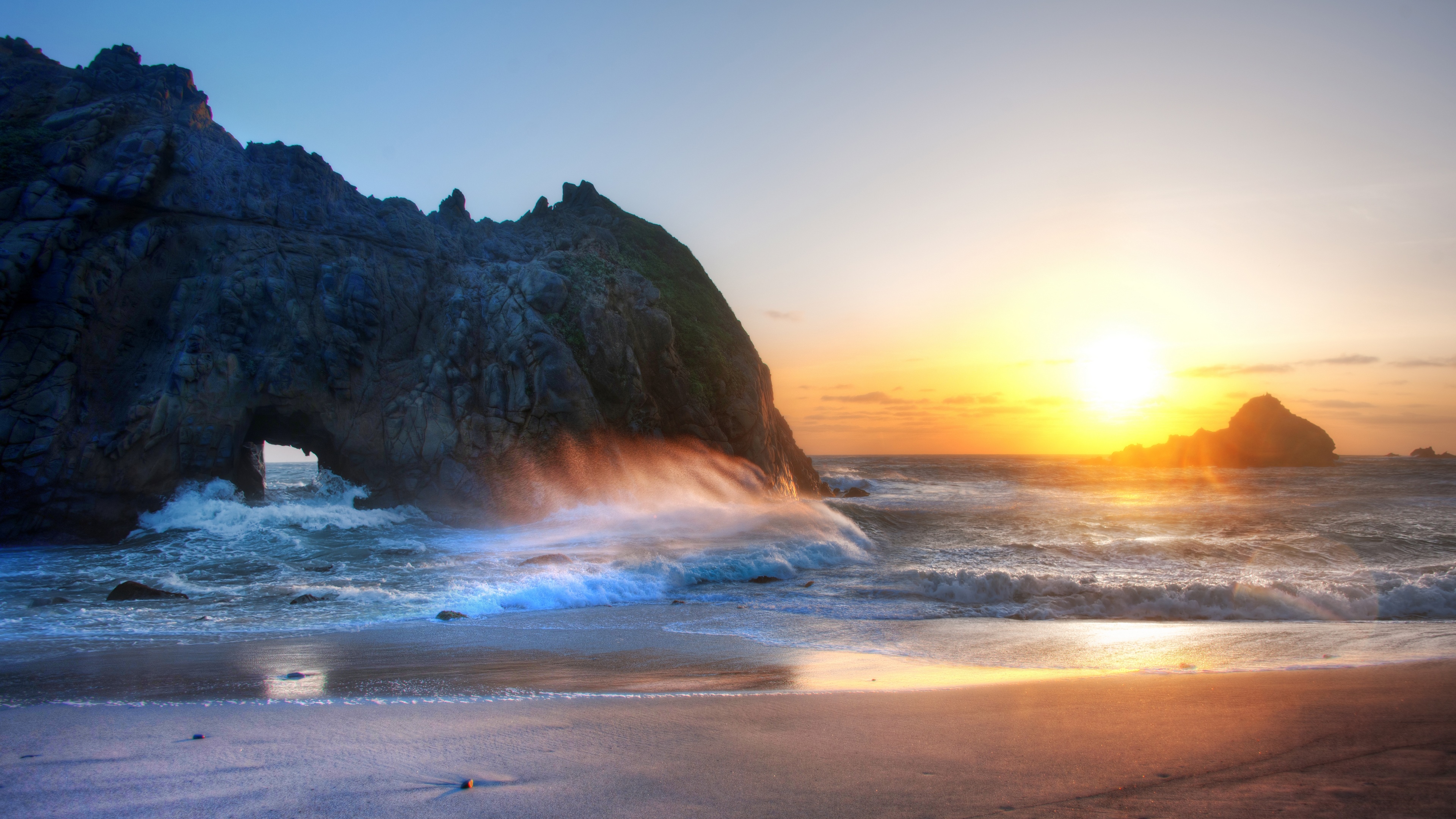 4K Sunset at Pfeiffer Beach with Rock Arch and Waves HD Wallpaper