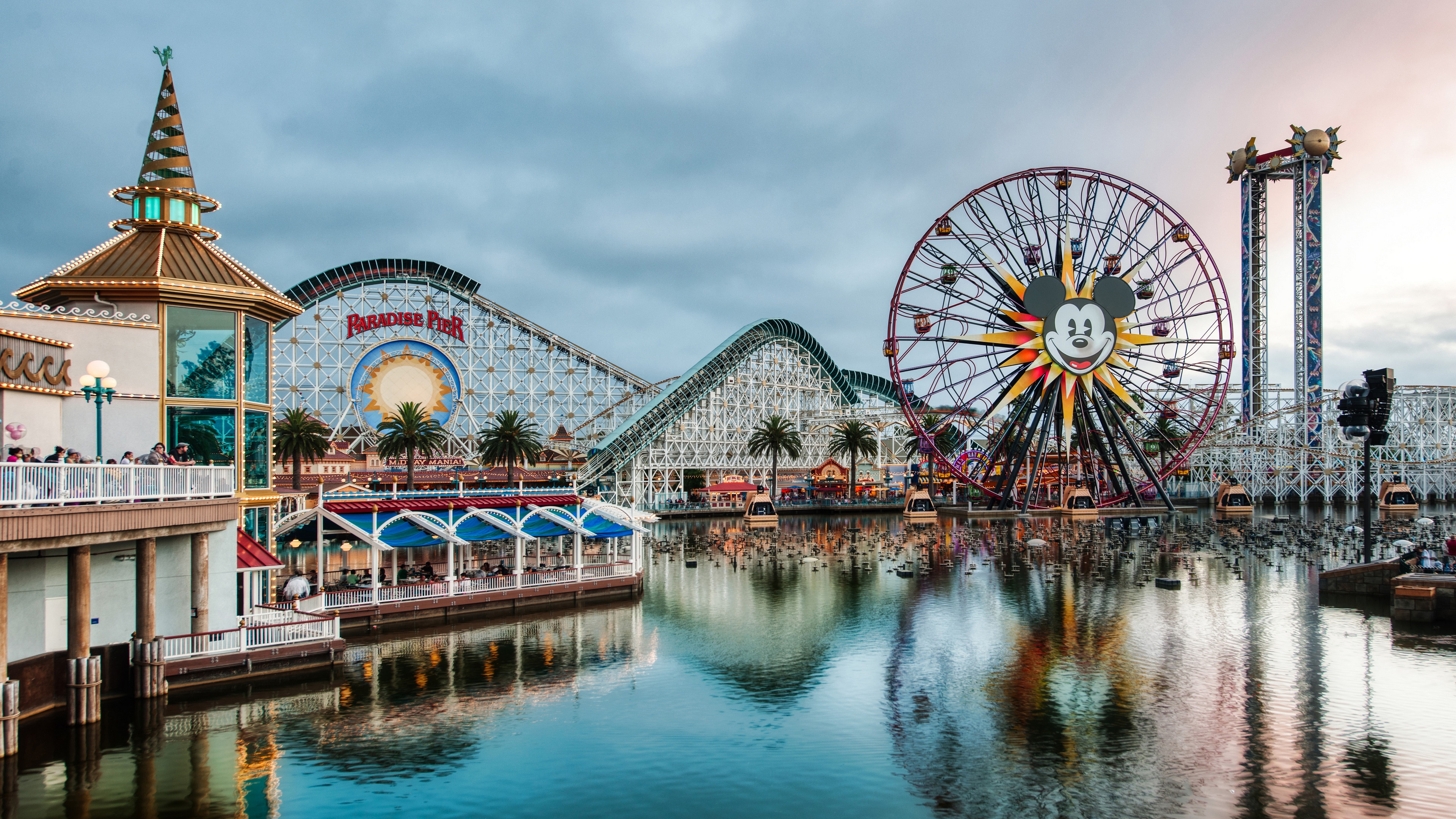 Paradise Pier Ferris Wheel and Roller Coaster 4K HD Wallpaper