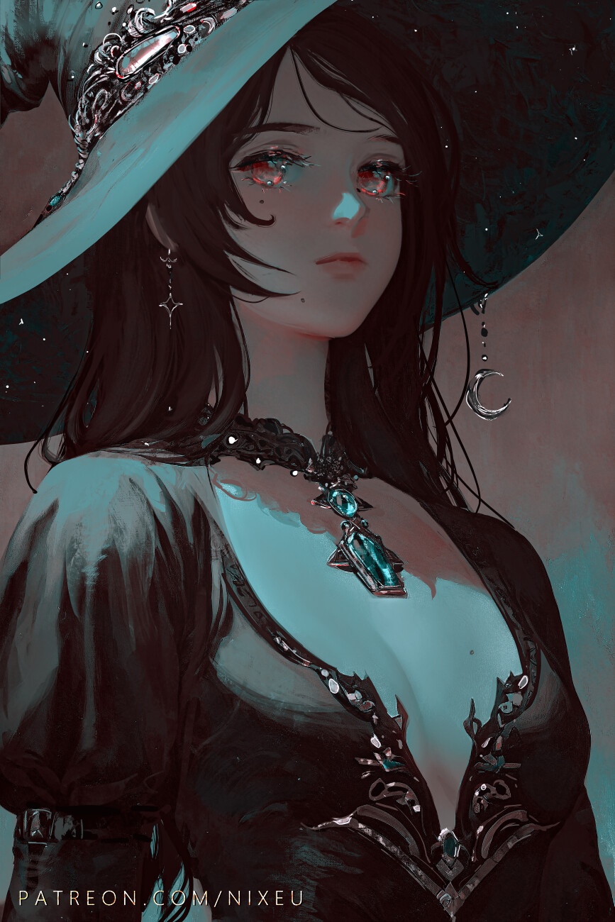 Fantasy Witch with Dark Hair and Witch Hat HD Phone Wallpaper