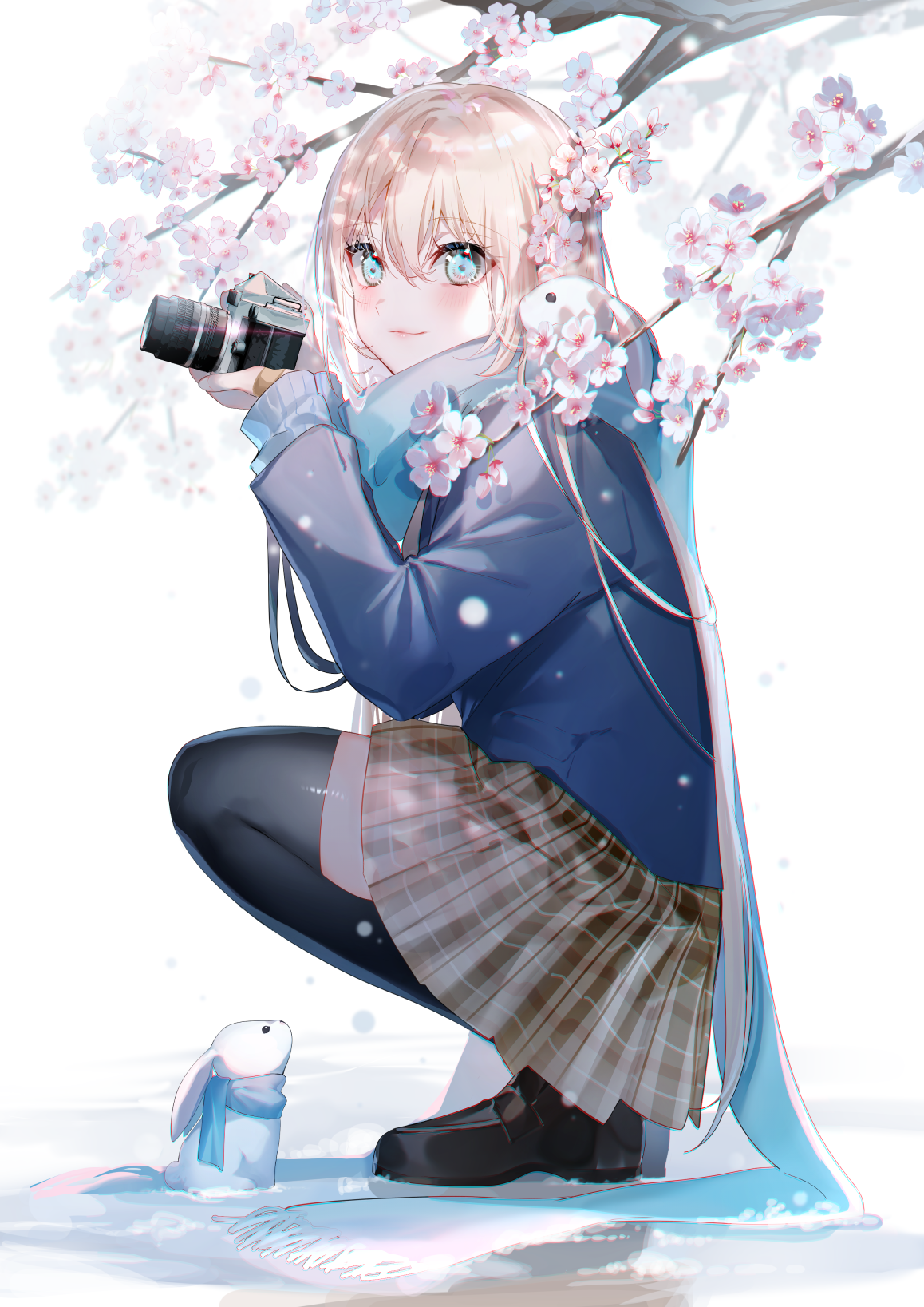 Girl with camera and rabbits under cherry blossoms HD Phone Wallpaper