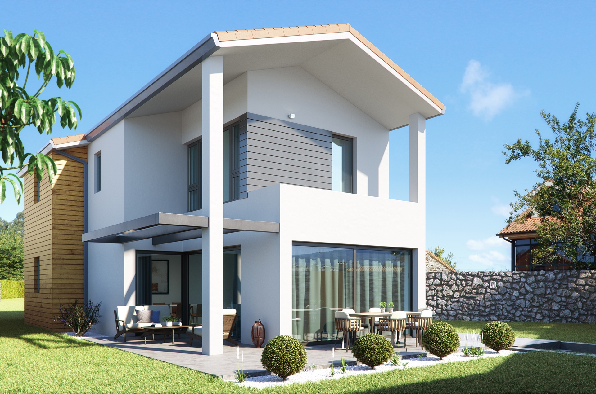 Modern house with a stone wall and garden HD Wallpaper