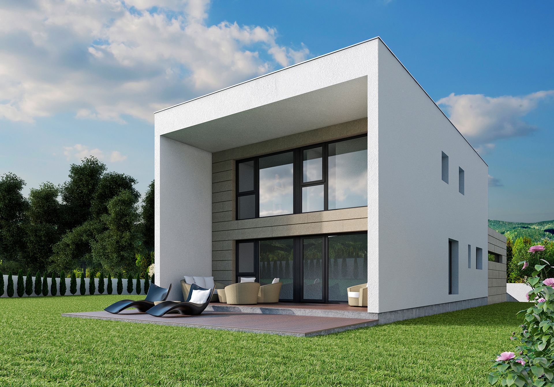 Modern white house with large windows and a lawn HD Wallpaper