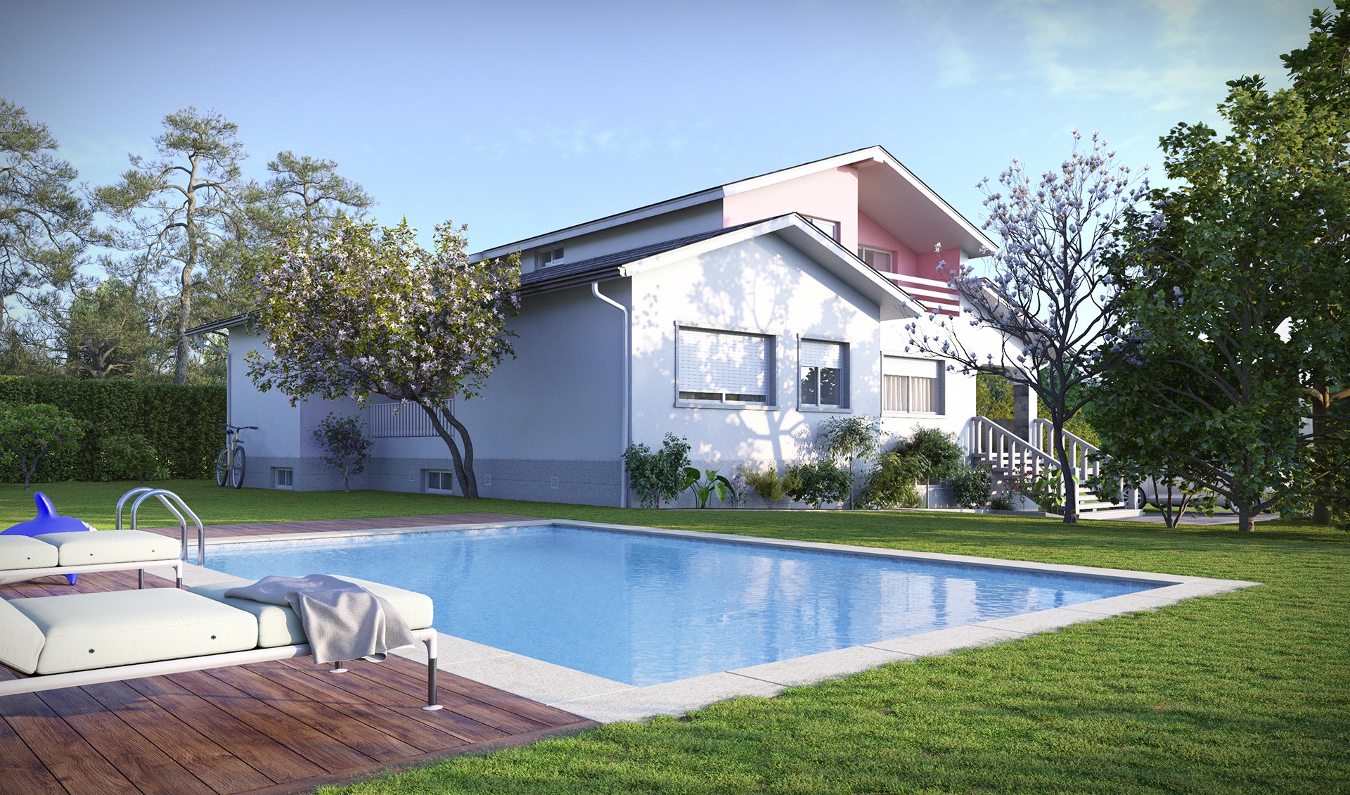 House with swimming pool and lounge chairs HD Wallpaper