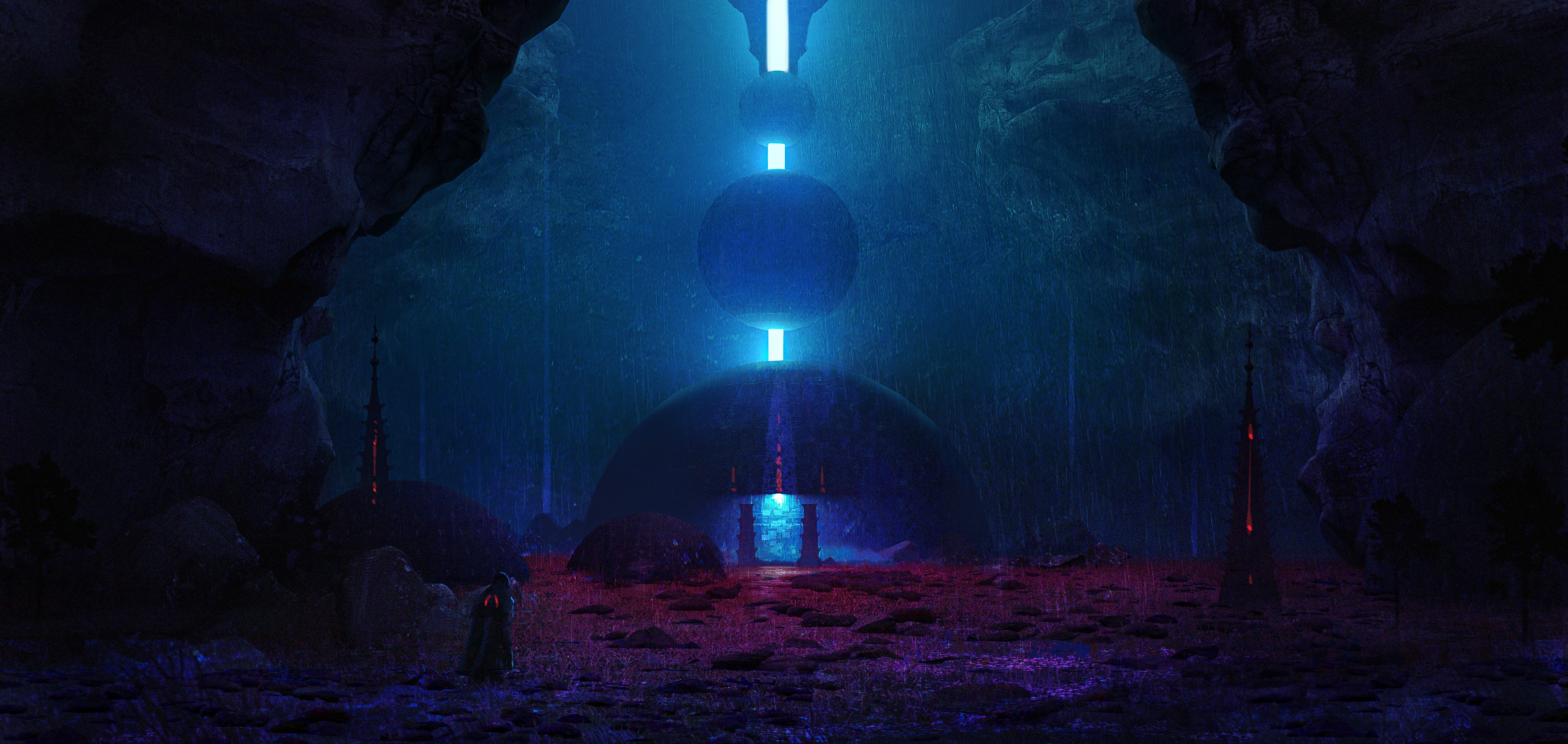 Fantasy art of a glowing alien structure in a cave HD Wallpaper