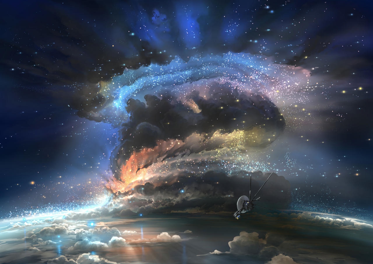 Space probe near a colorful nebula and planet HD Wallpaper