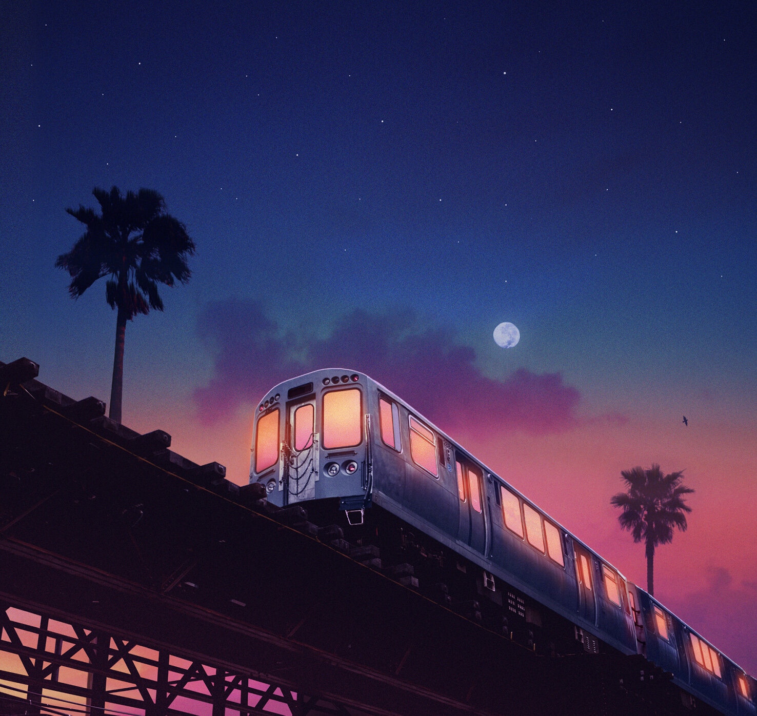 Subway train on a railway at night with palm trees HD Wallpaper