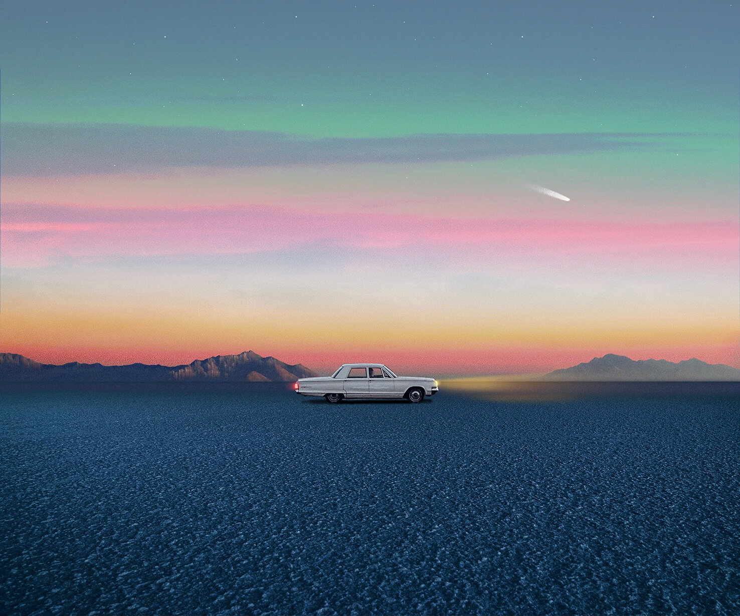 White car driving on a salt flat at sunset HD Wallpaper