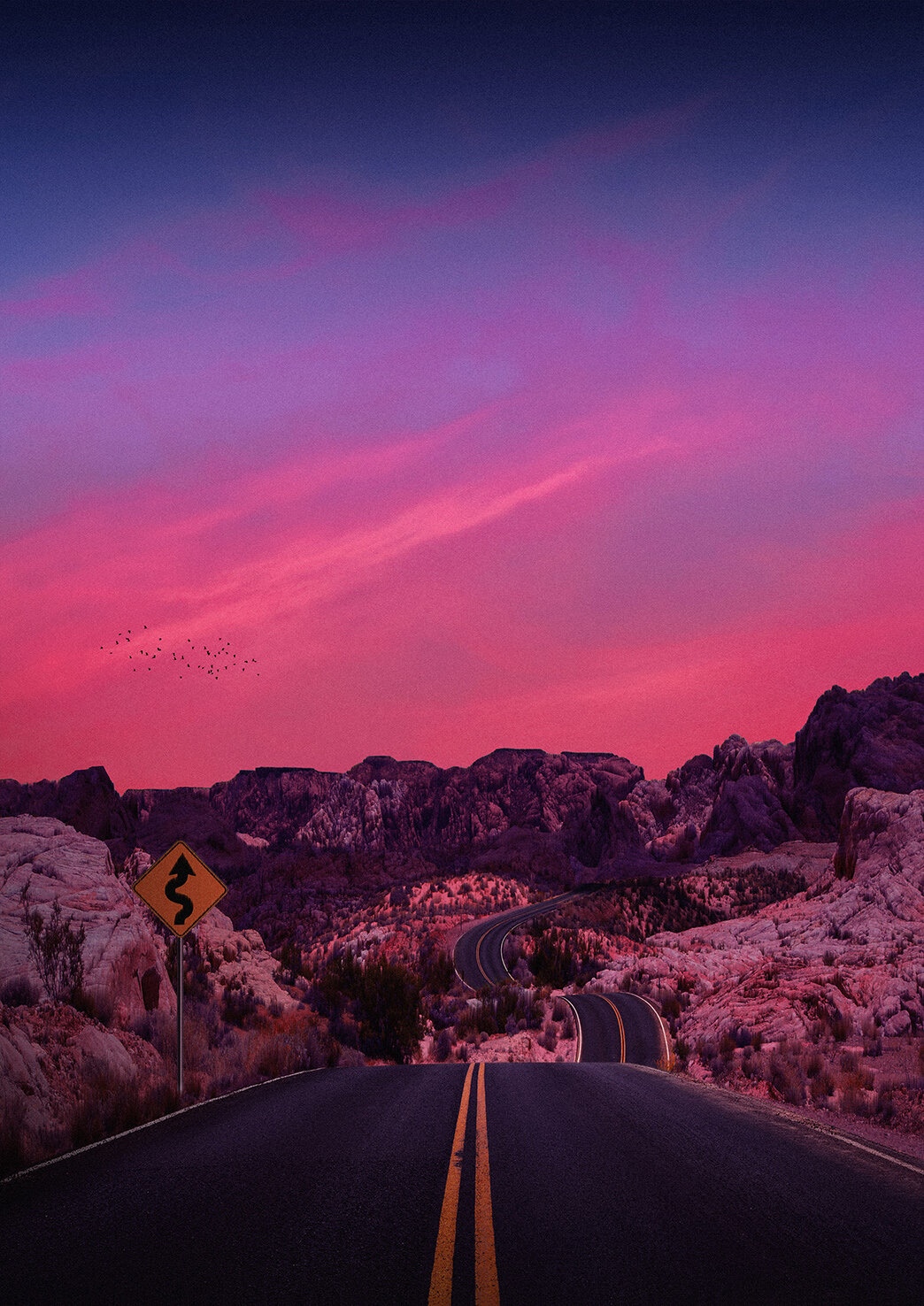 Winding desert road at sunset with mountains HD Phone Wallpaper