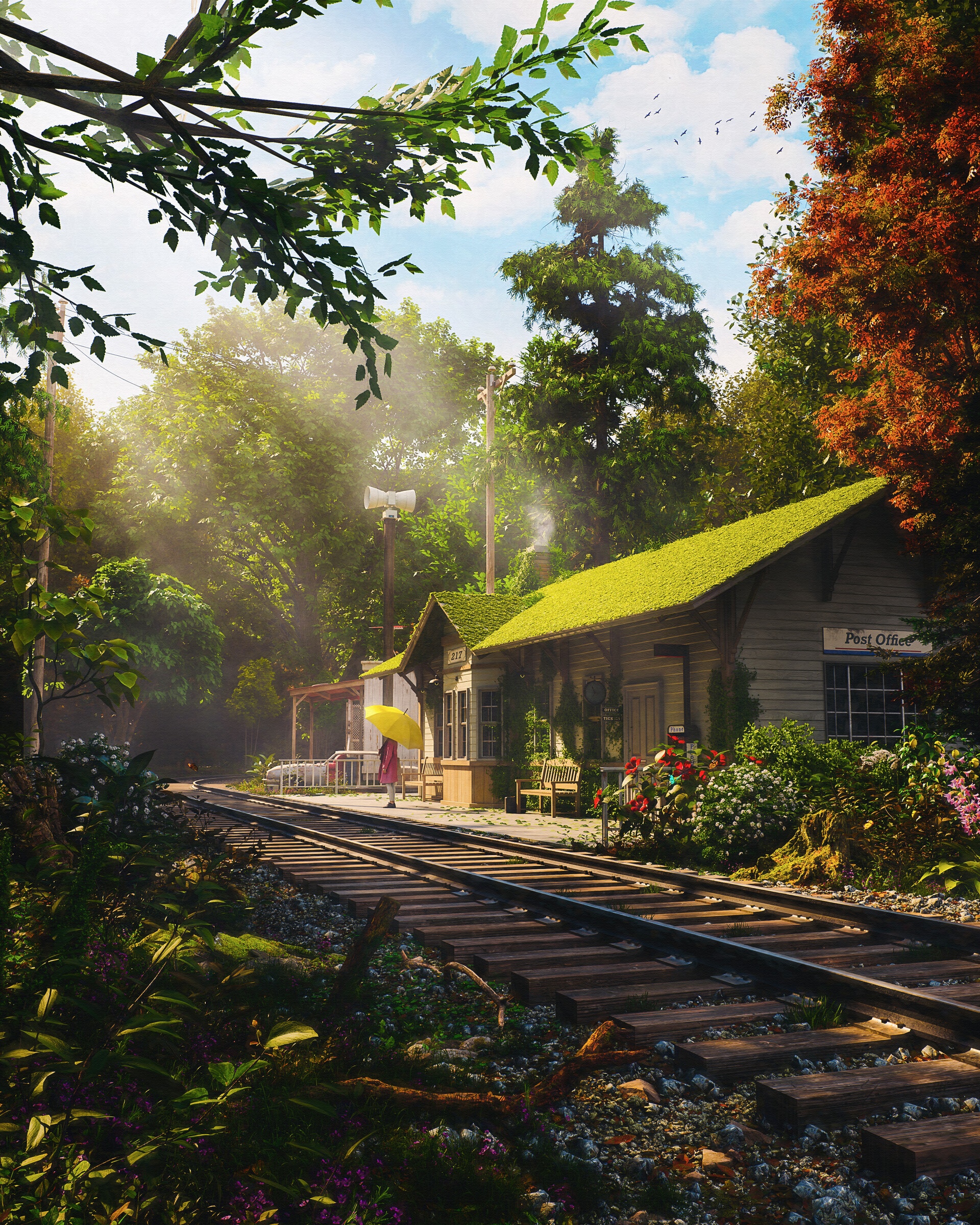 A girl with a yellow umbrella at a train station. HD Phone Wallpaper
