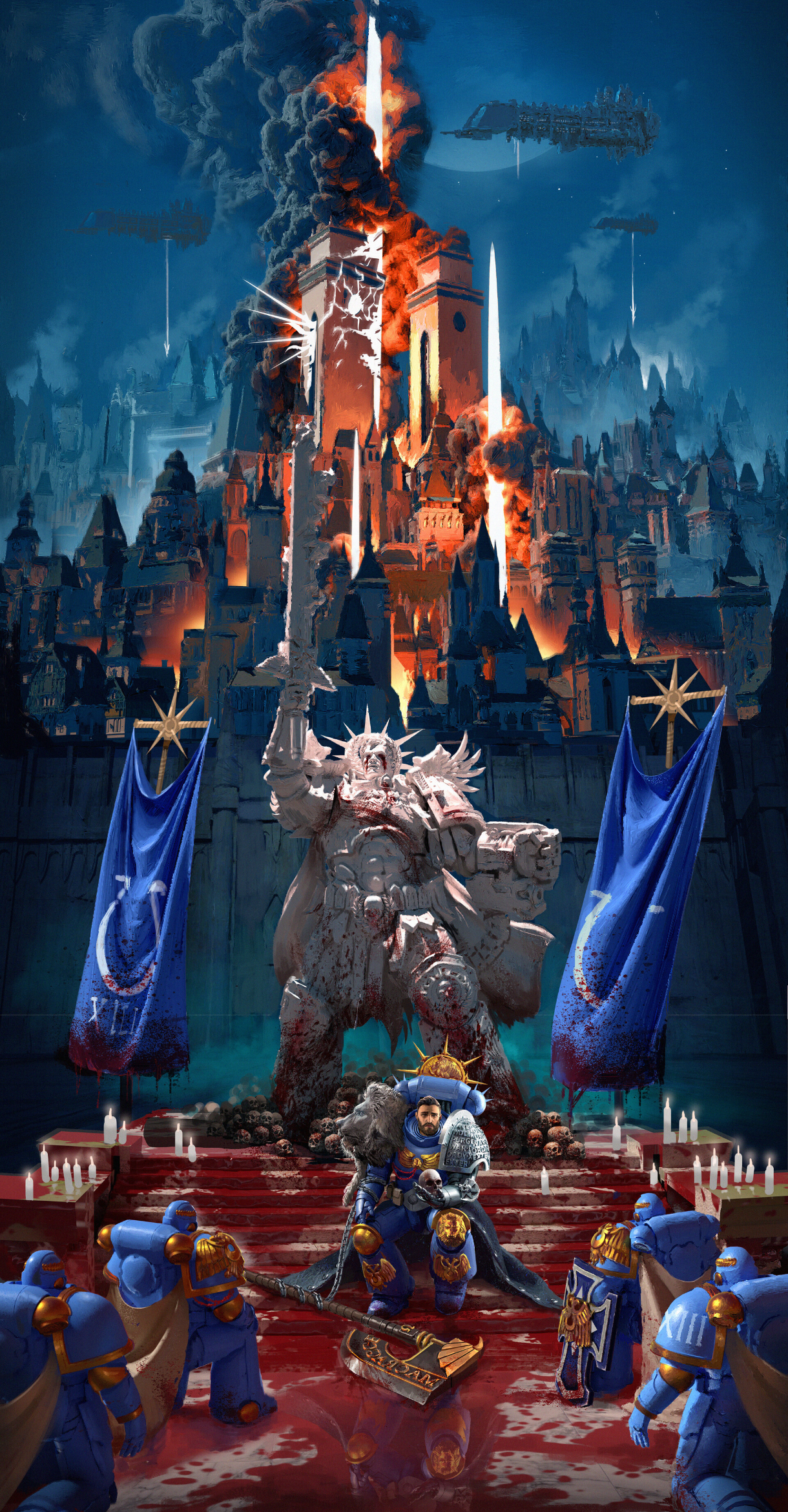Warhammer 40,000: Roboute Guilliman and Ultramarines in a burning city HD Phone Wallpaper