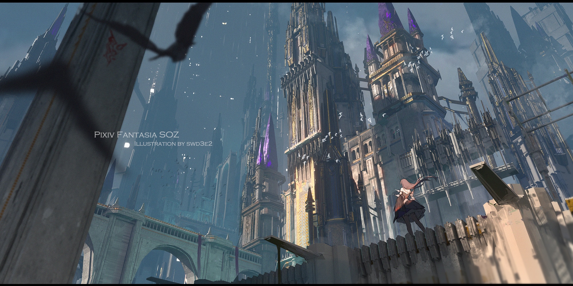 Fantasy castle city with birds and a girl HD Wallpaper