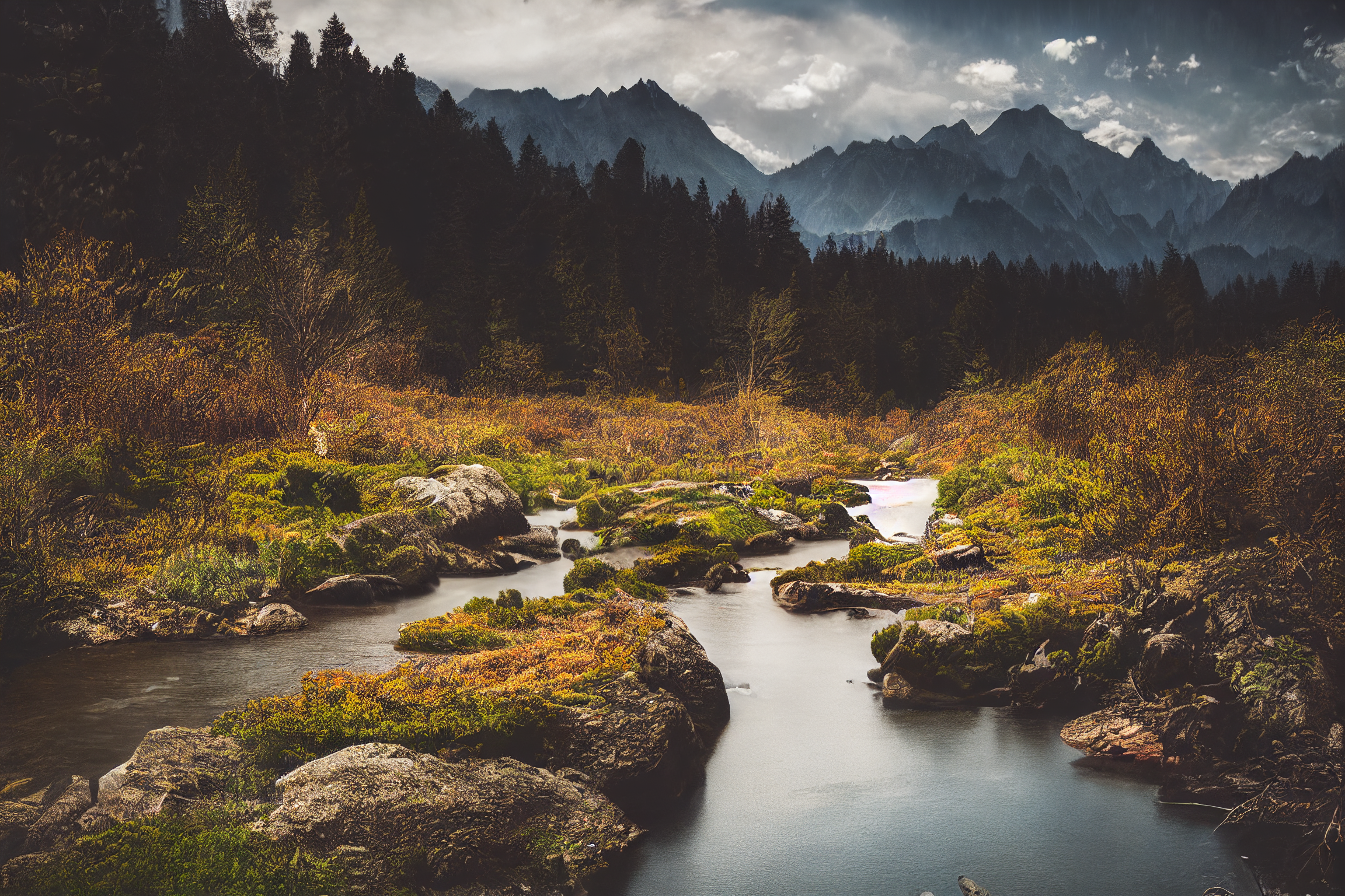 River flowing through a forest with mountains in the background HD Wallpaper