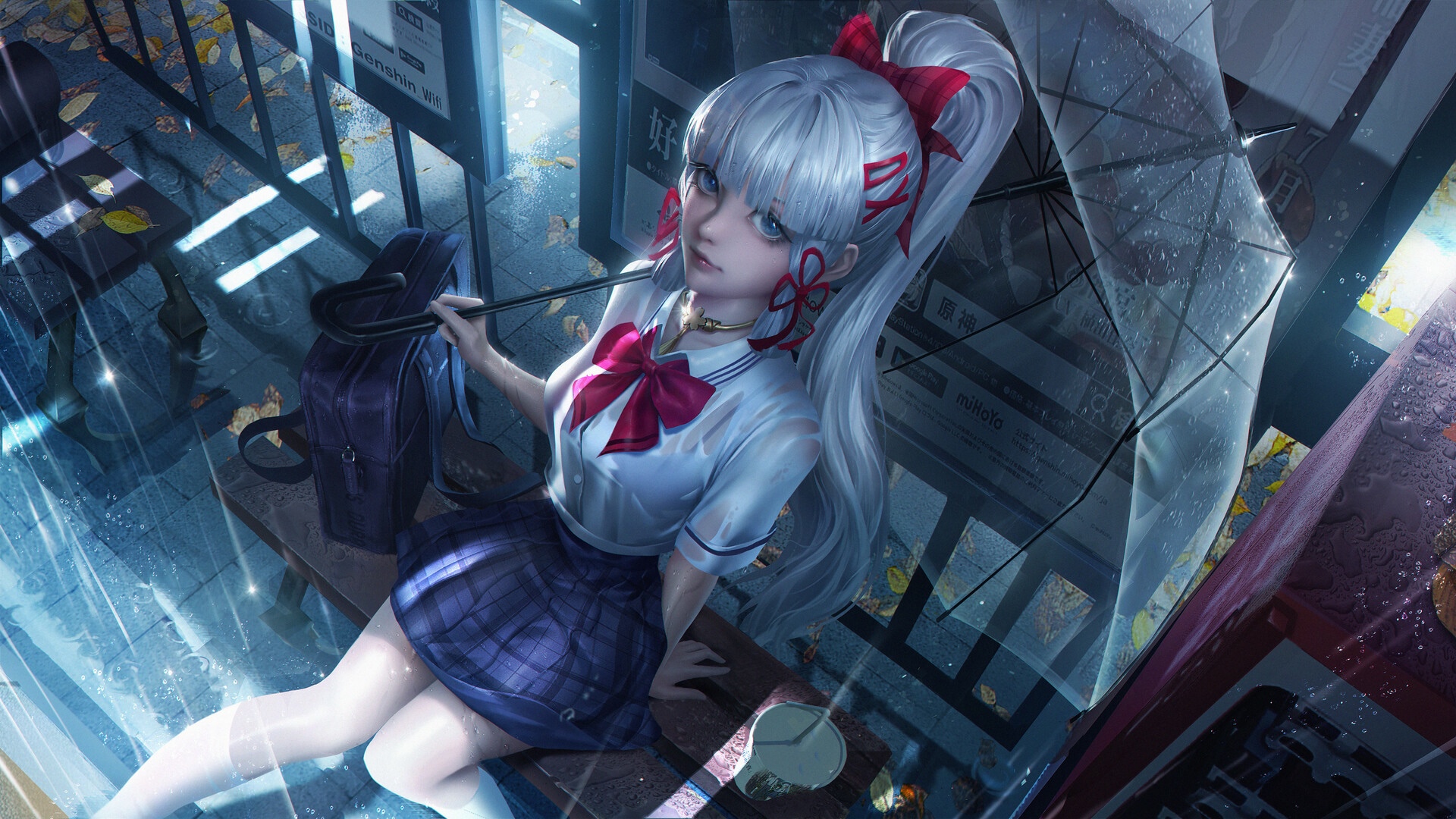 Anime girl with silver hair and blue eyes at bus stop HD Wallpaper