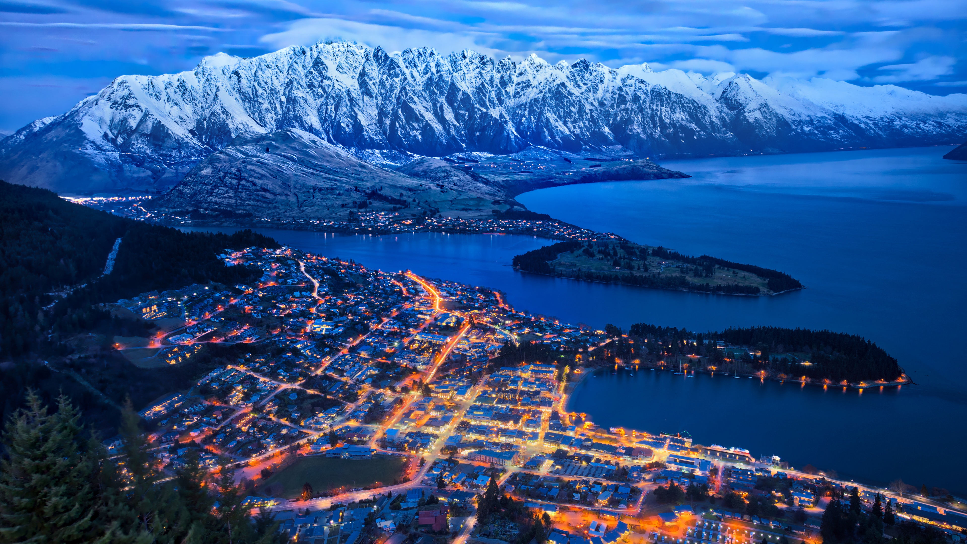 4K aerial view of Queenstown, New Zealand at night HD Wallpaper