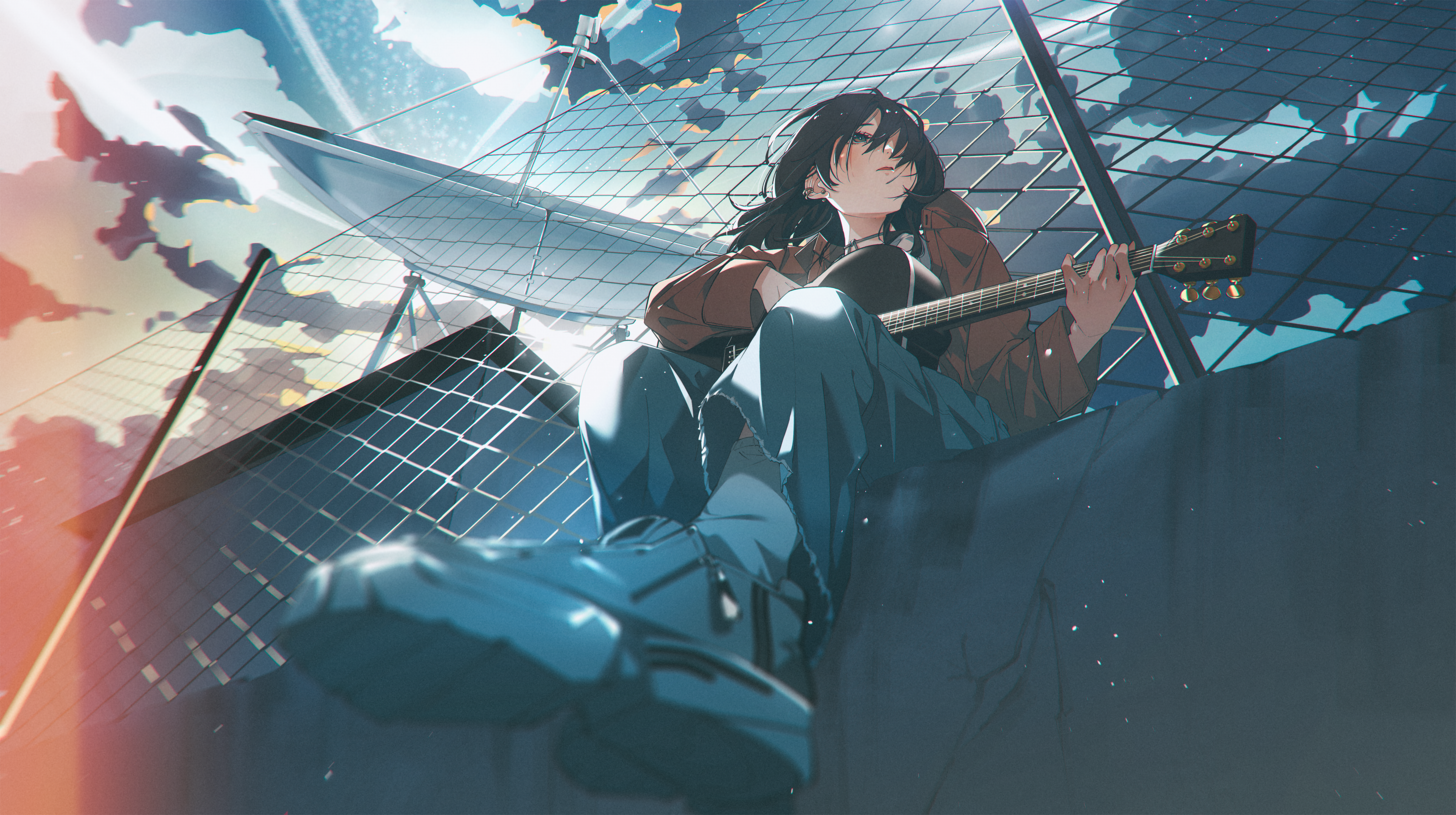 Anime girl playing guitar on a rooftop HD Wallpaper