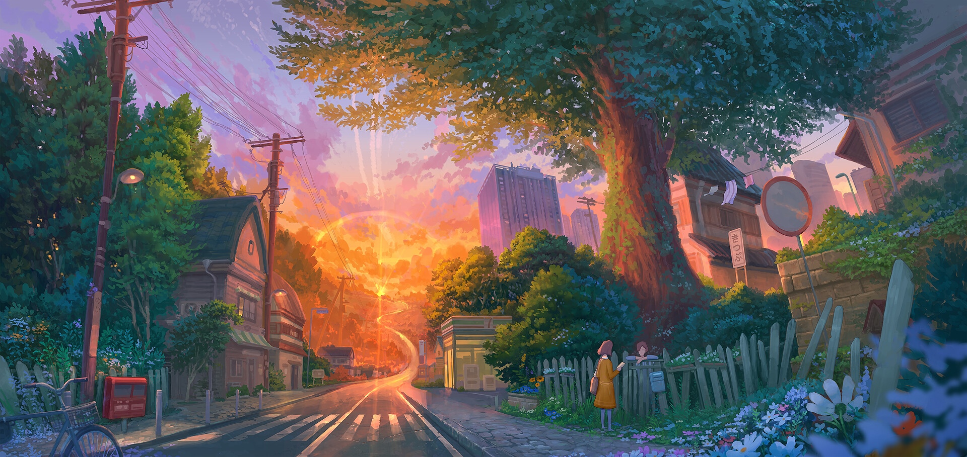 Anime sunset over a suburban street with trees HD Wallpaper