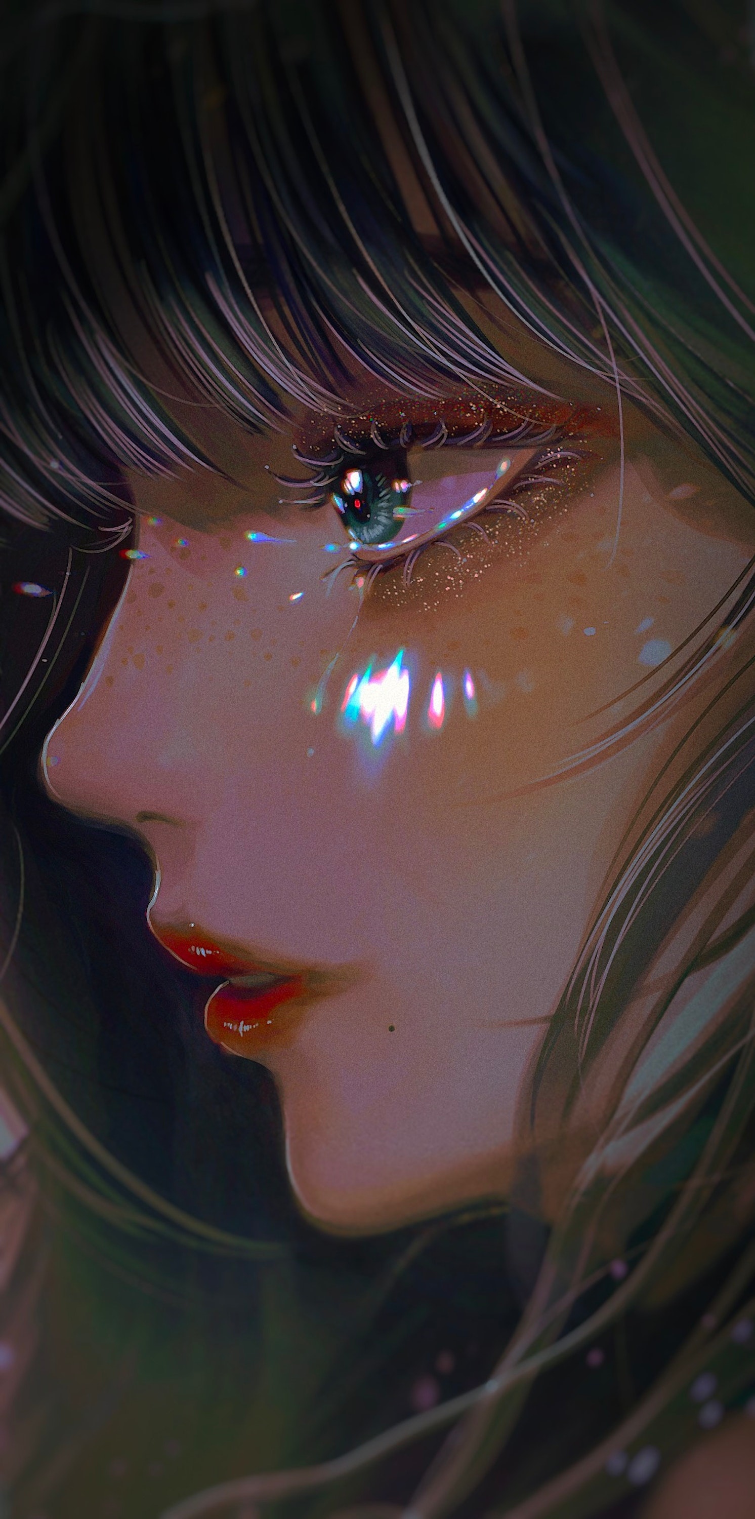 Close-up of a woman's face with red lipstick and tears HD Phone Wallpaper