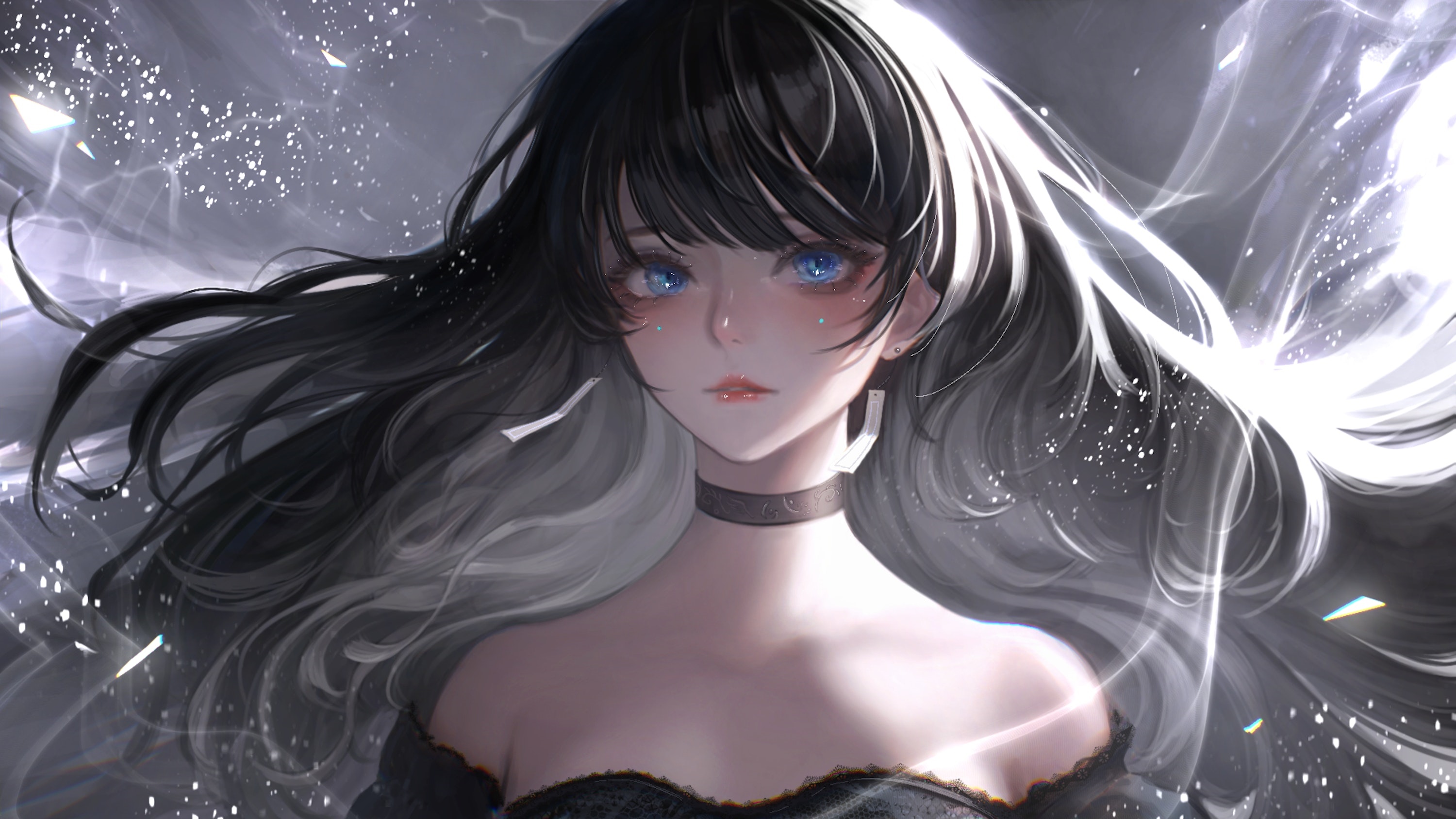Anime girl with blue eyes and dark hair wearing a choker HD Wallpaper