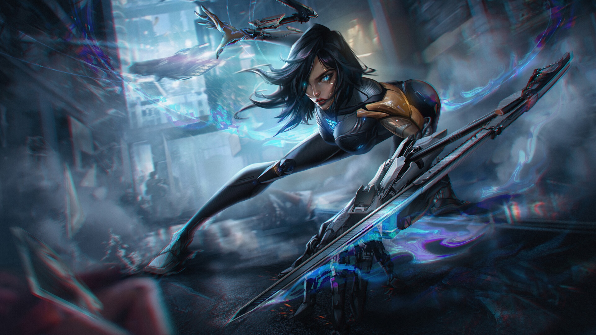Cyberpunk woman with futuristic weapon in a city HD Wallpaper