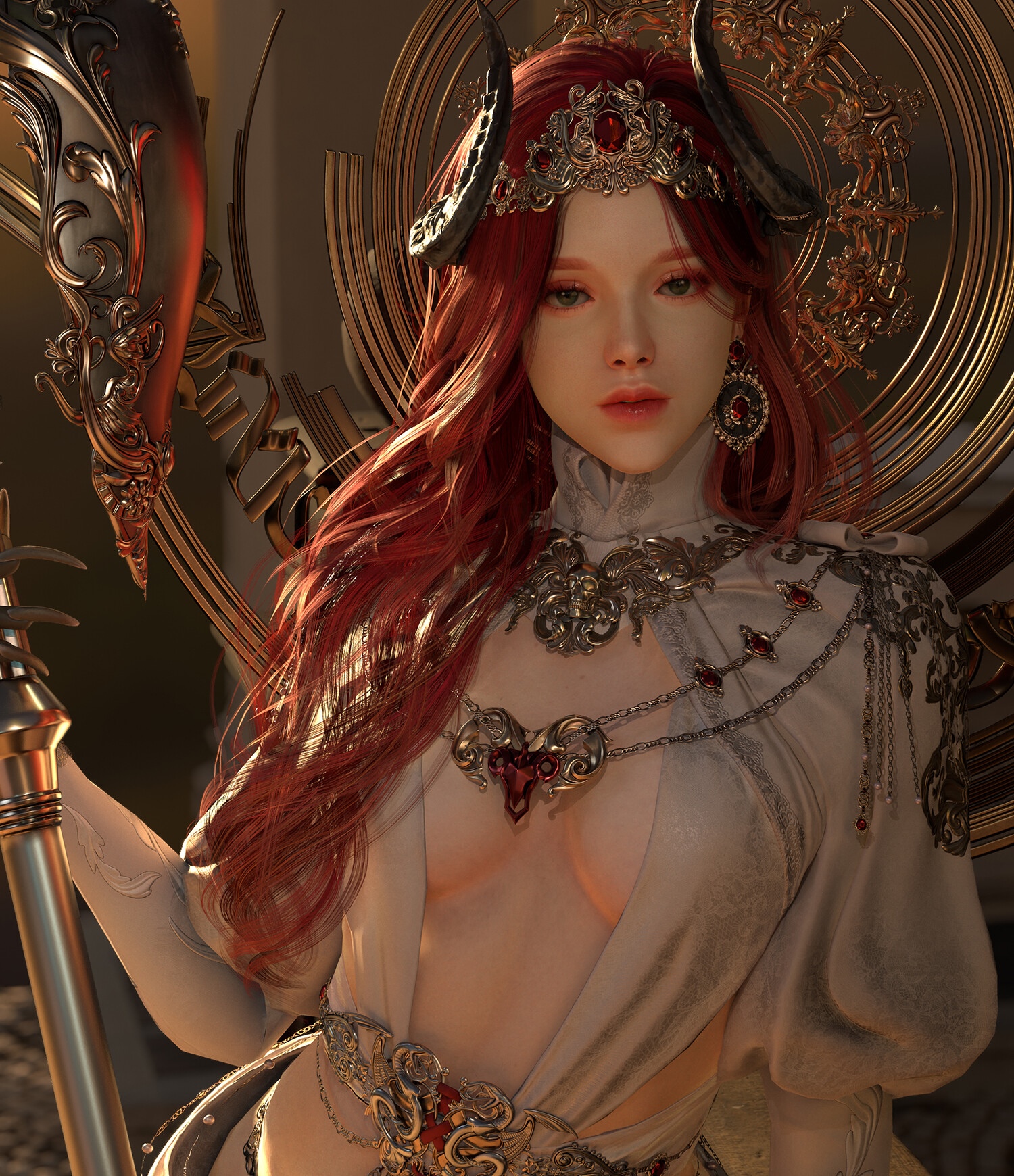 Fantasy demon girl with red hair and horns HD Phone Wallpaper
