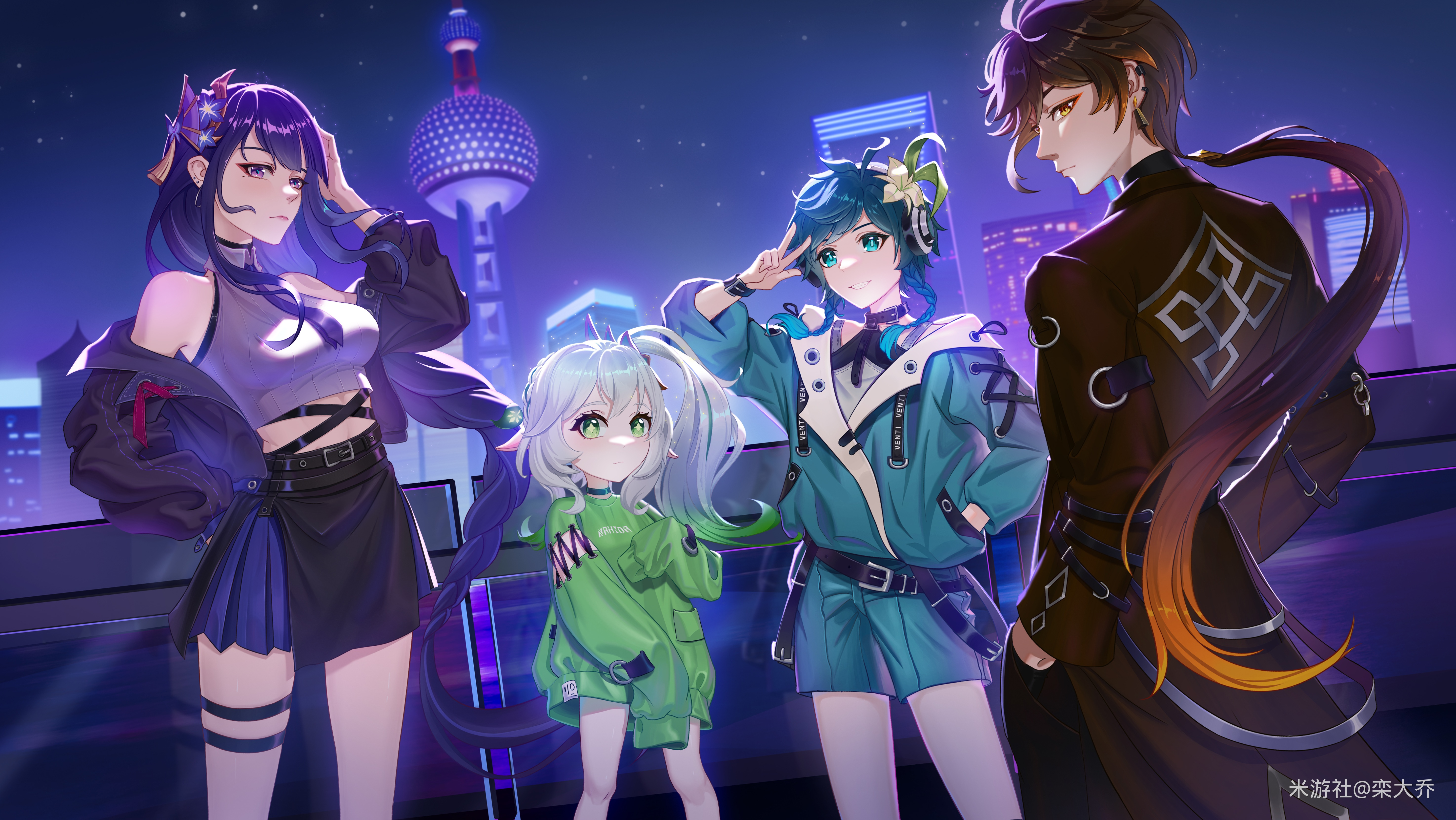 Genshin Impact characters in modern city at night HD Wallpaper
