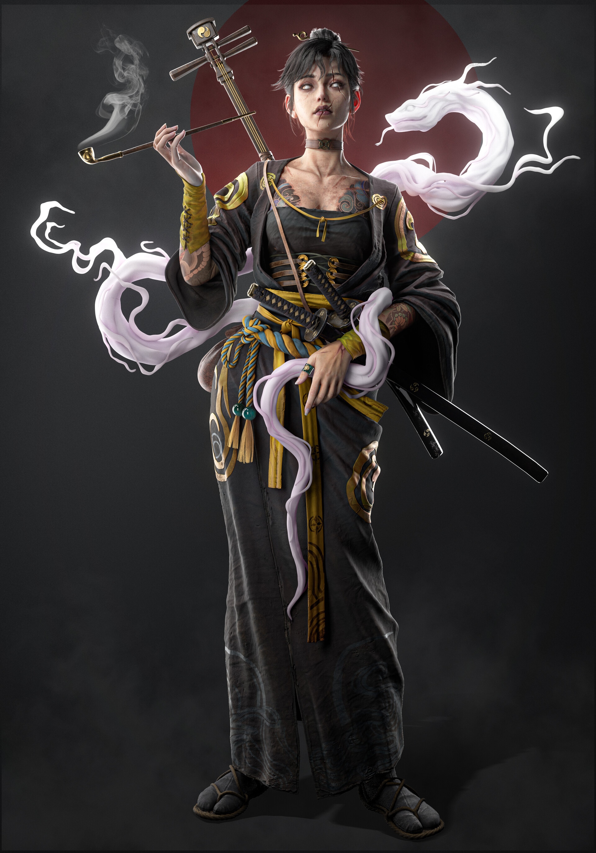 Ashiya with a shamisen and smoking pipe HD Phone Wallpaper