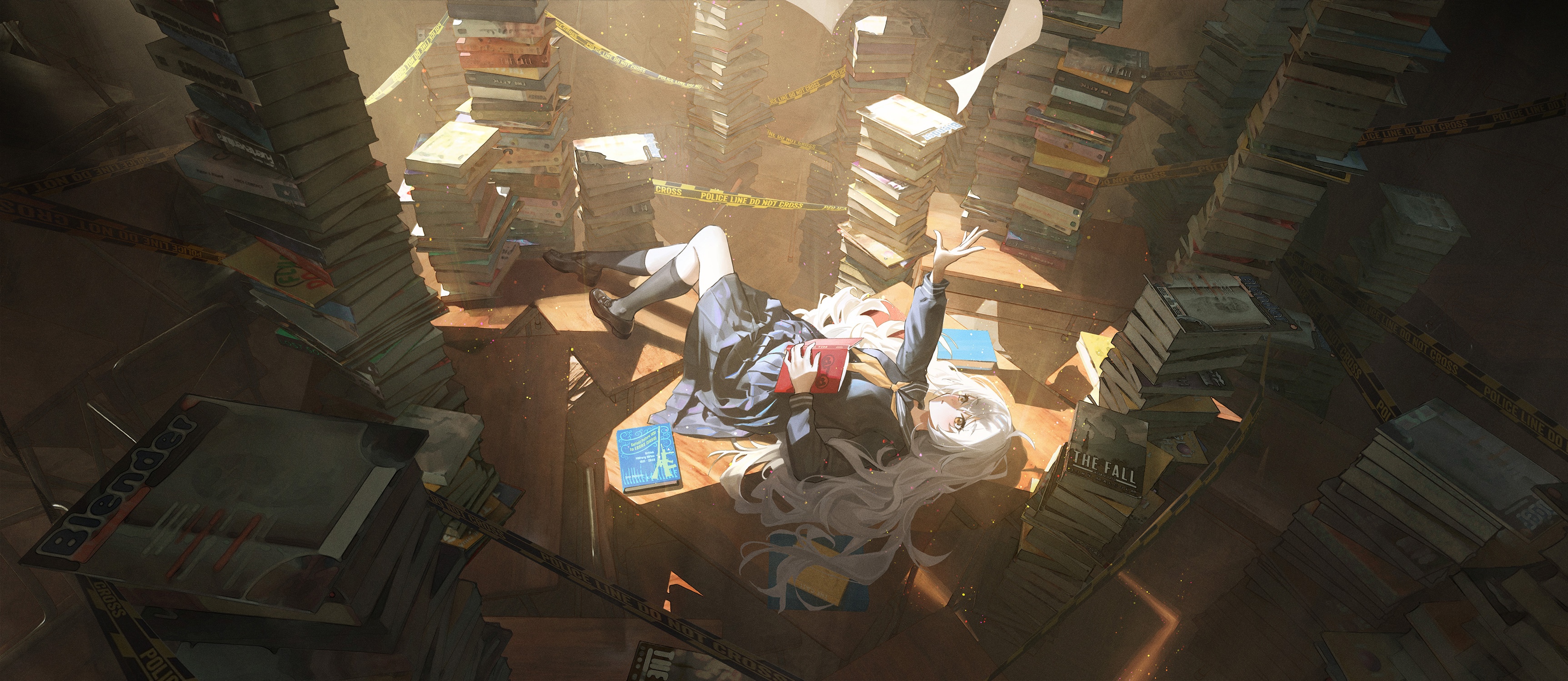 Schoolgirl lying in a room full of books HD Wallpaper