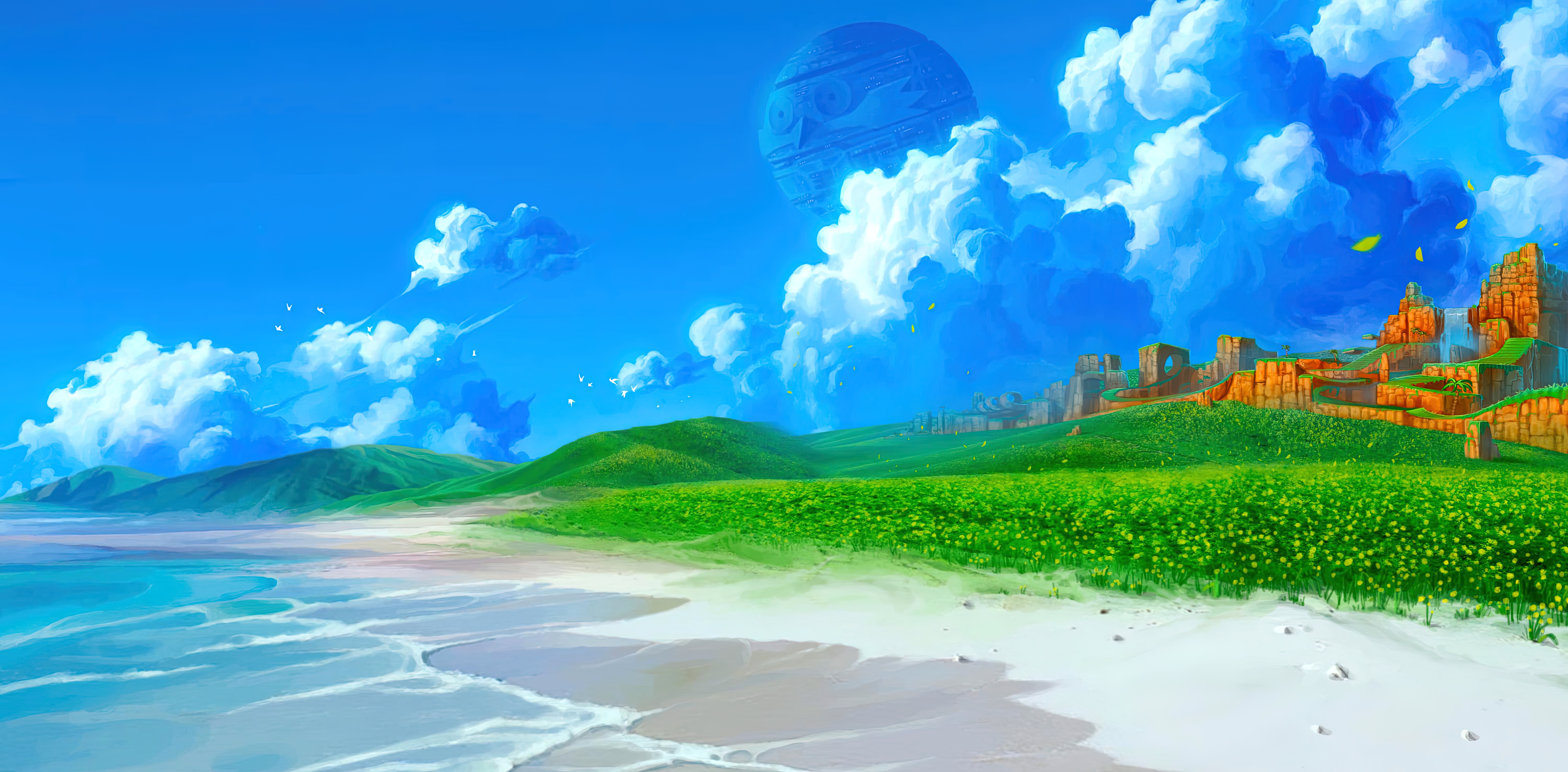 4K Sonic 2 Seashore Landscape with Hills and Clouds HD Wallpaper