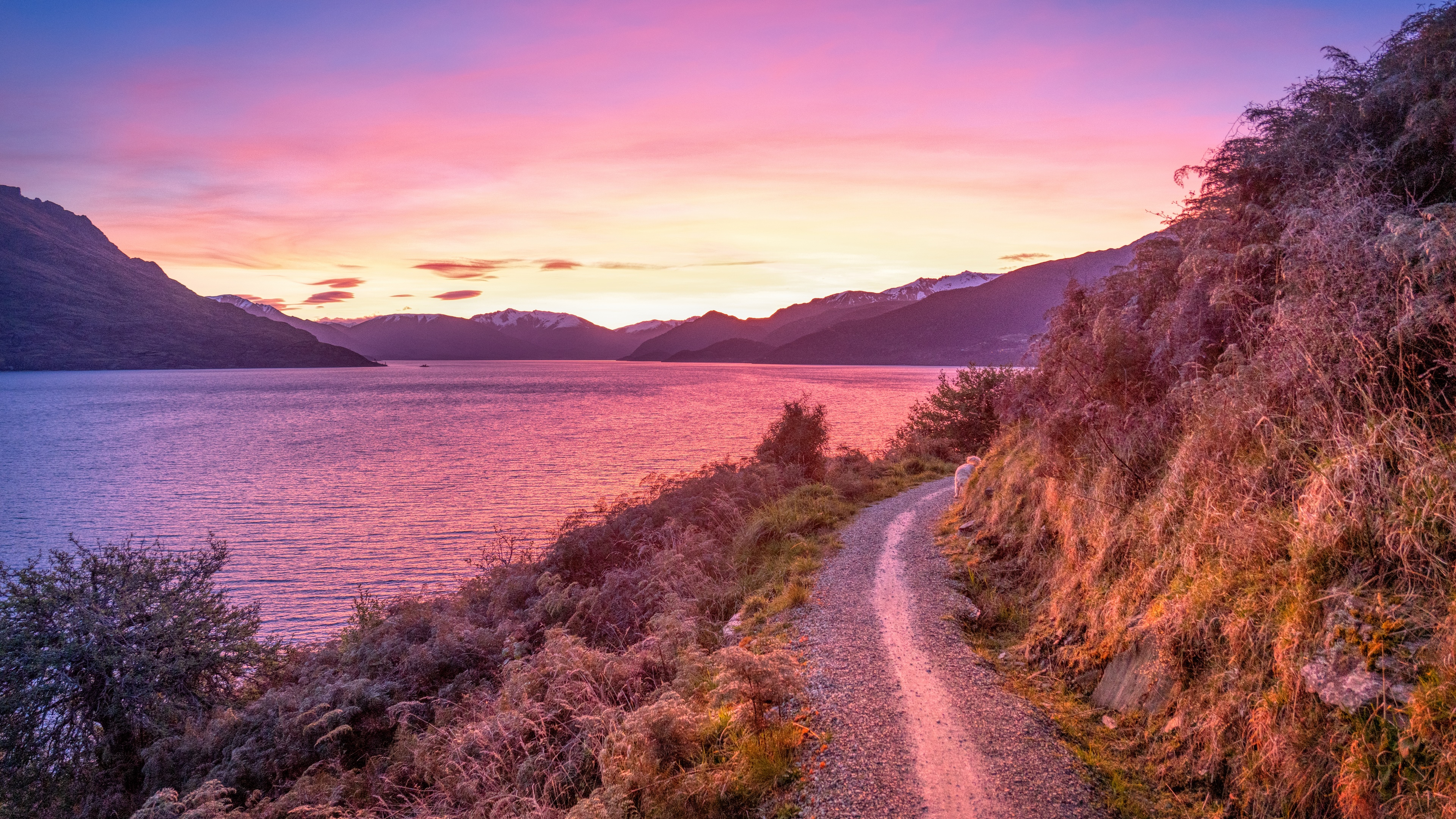 4K New Zealand Sunset over Lake with Path HD Wallpaper