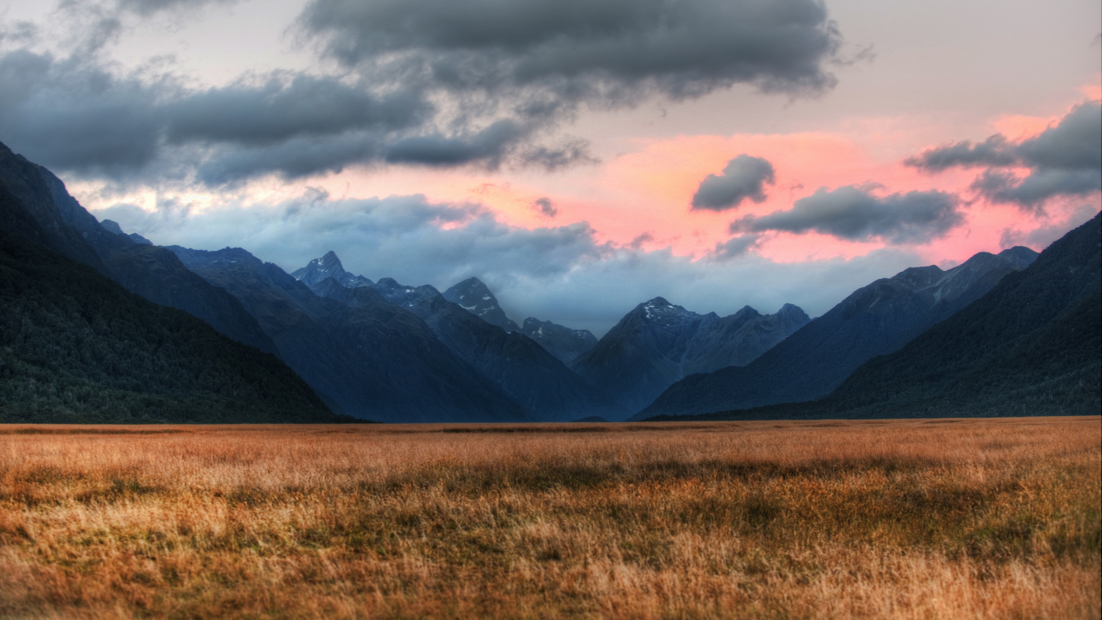 4K New Zealand Mountains at Sunset with Field HD Wallpaper