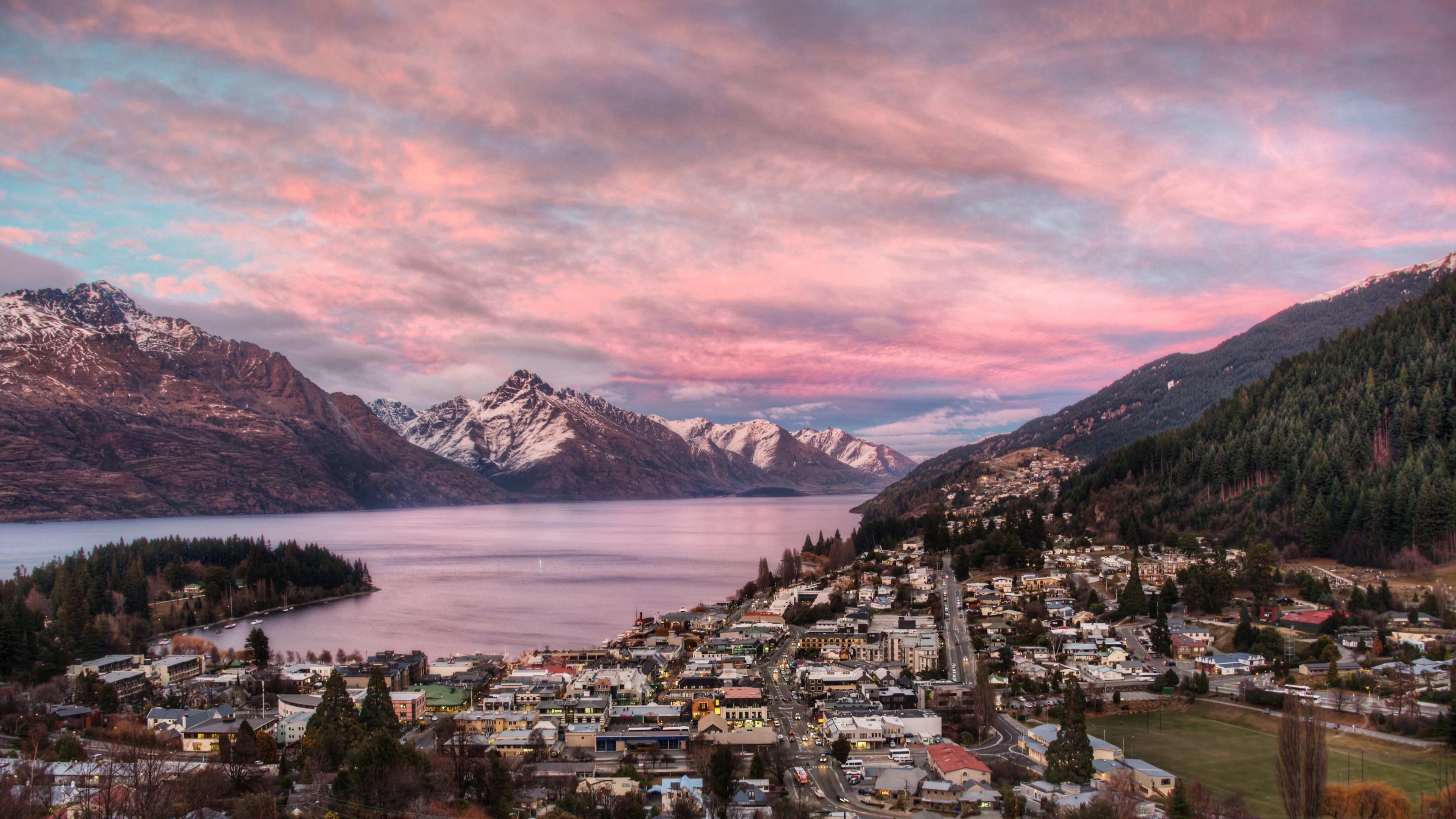 4K Queenstown landscape with mountains and sunset sky HD Wallpaper