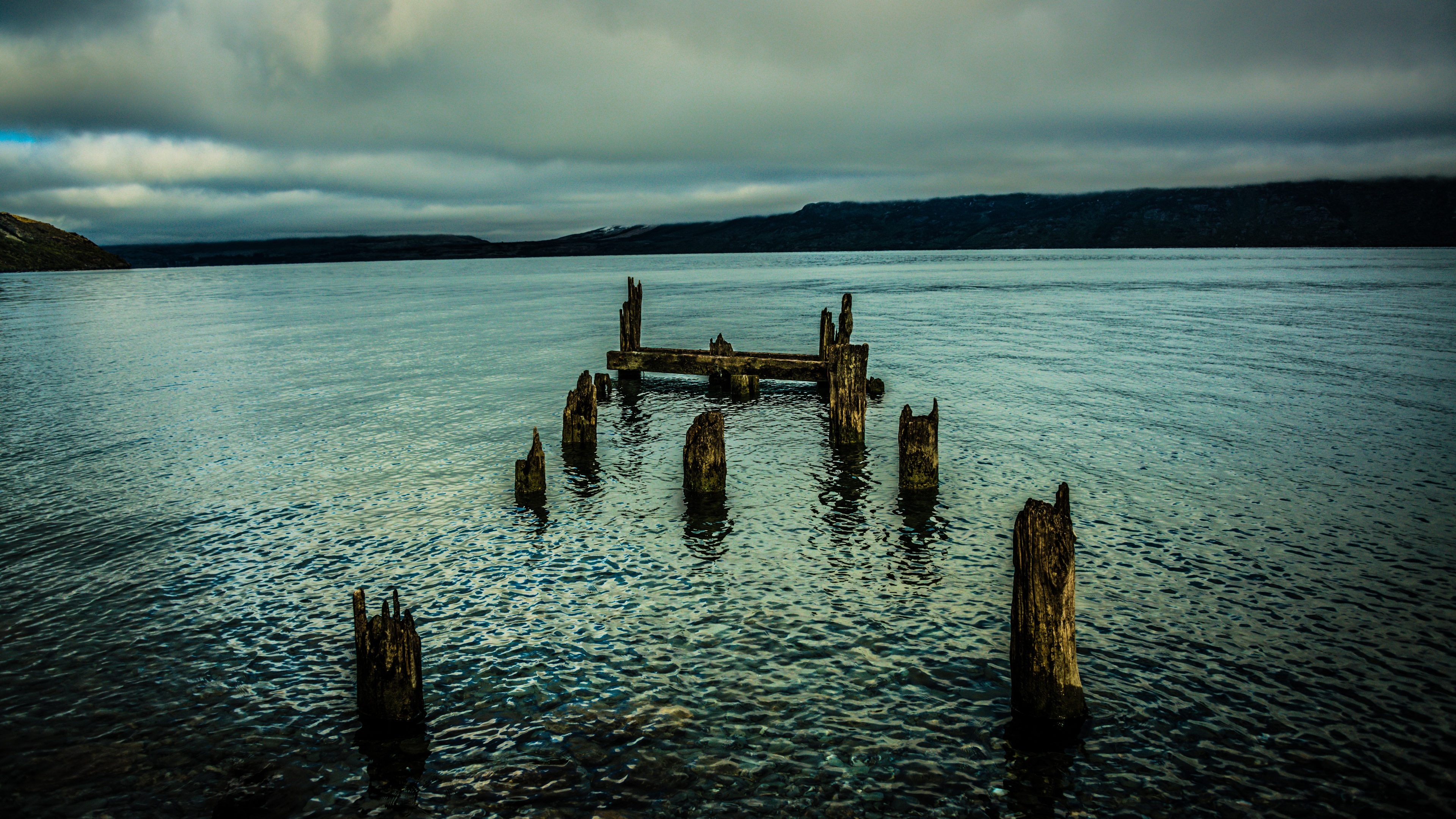 4K landscape of old wooden pier ruins in New Zealand HD Wallpaper
