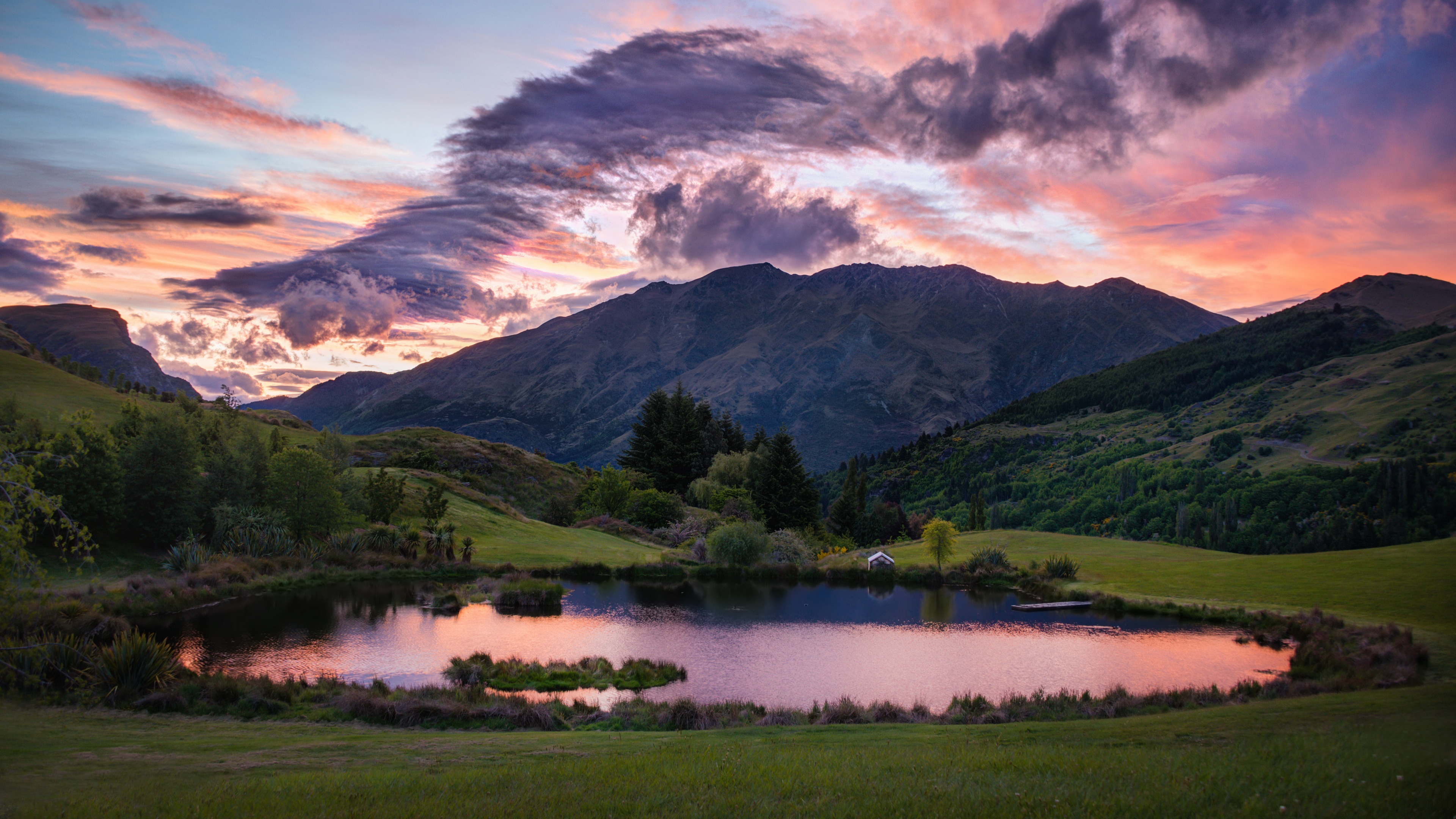New Zealand landscape with mountains and lake at sunset HD Wallpaper