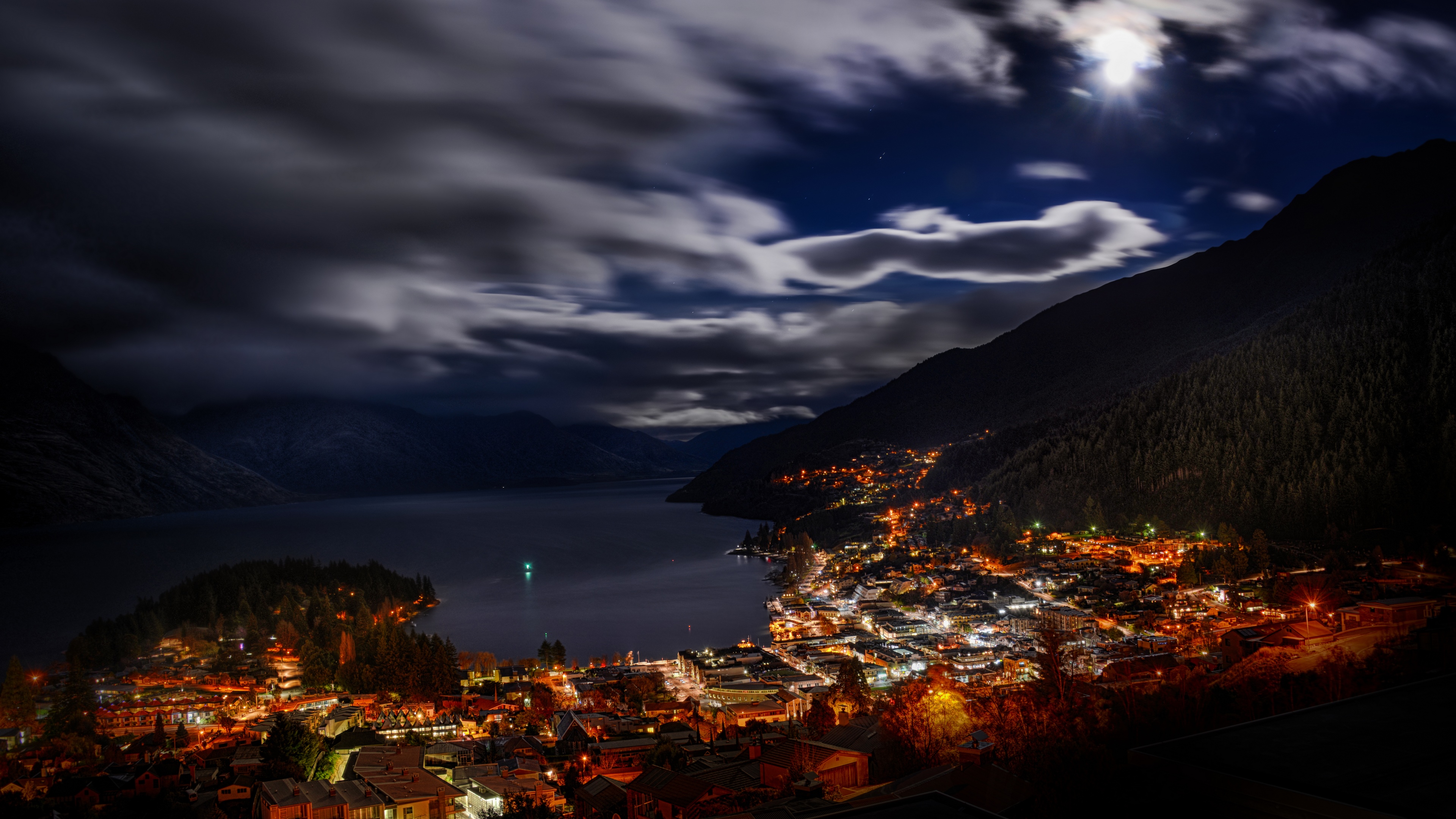 Queenstown New Zealand at Night with Moon and Clouds HD Wallpaper