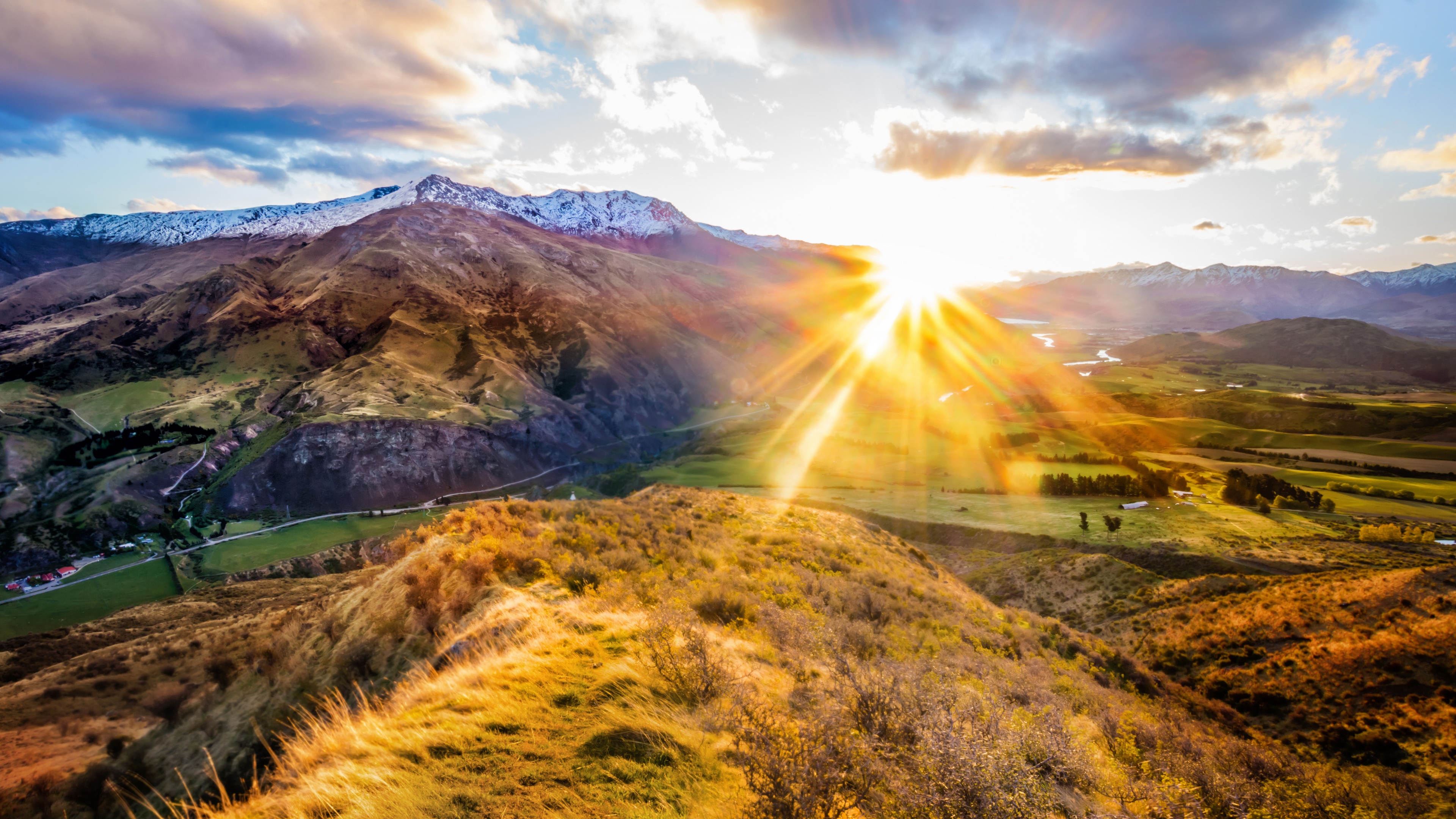4K sunset over snow-capped mountains in New Zealand HD Wallpaper