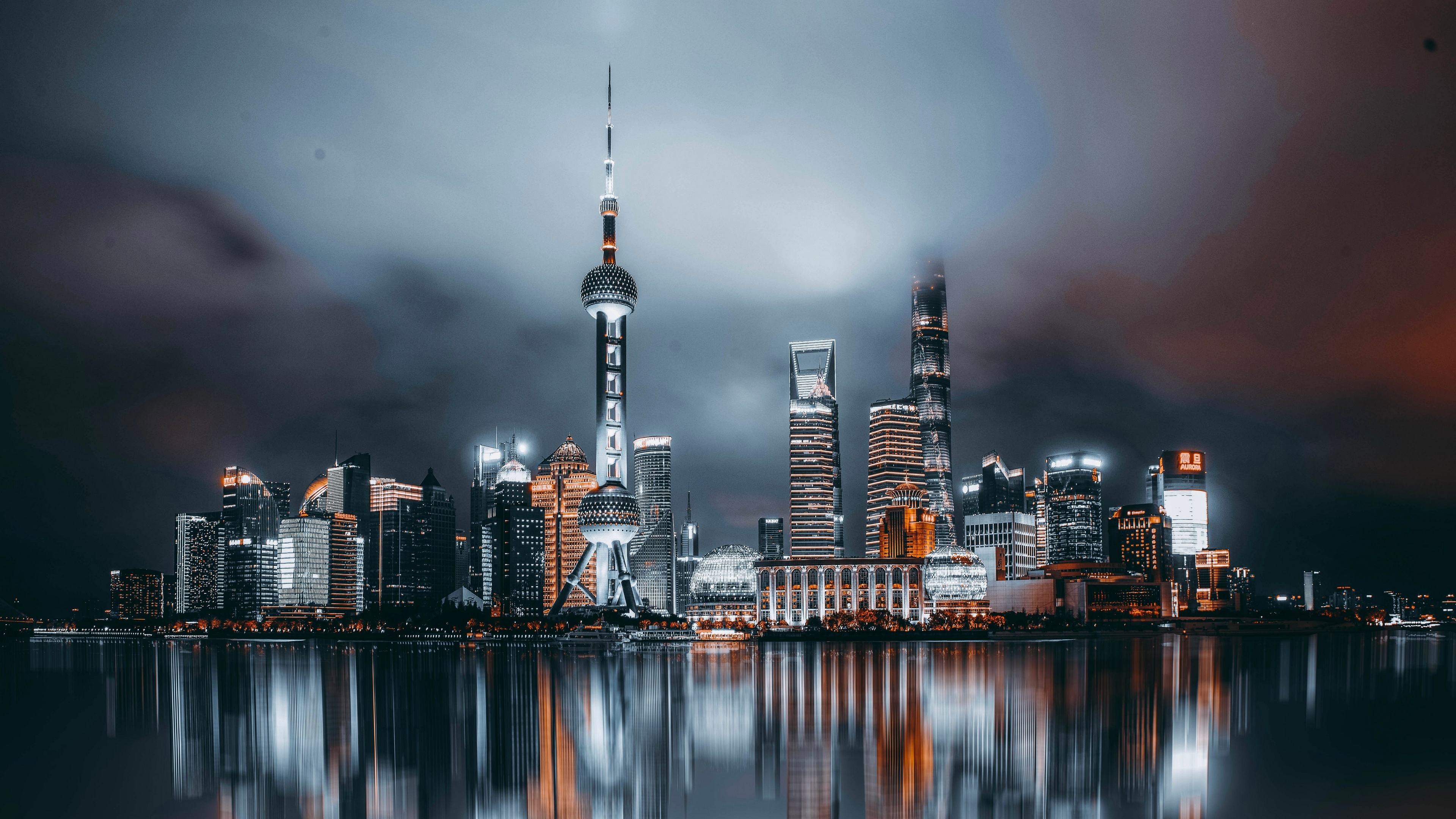 4K Shanghai skyline at night with reflections HD Wallpaper