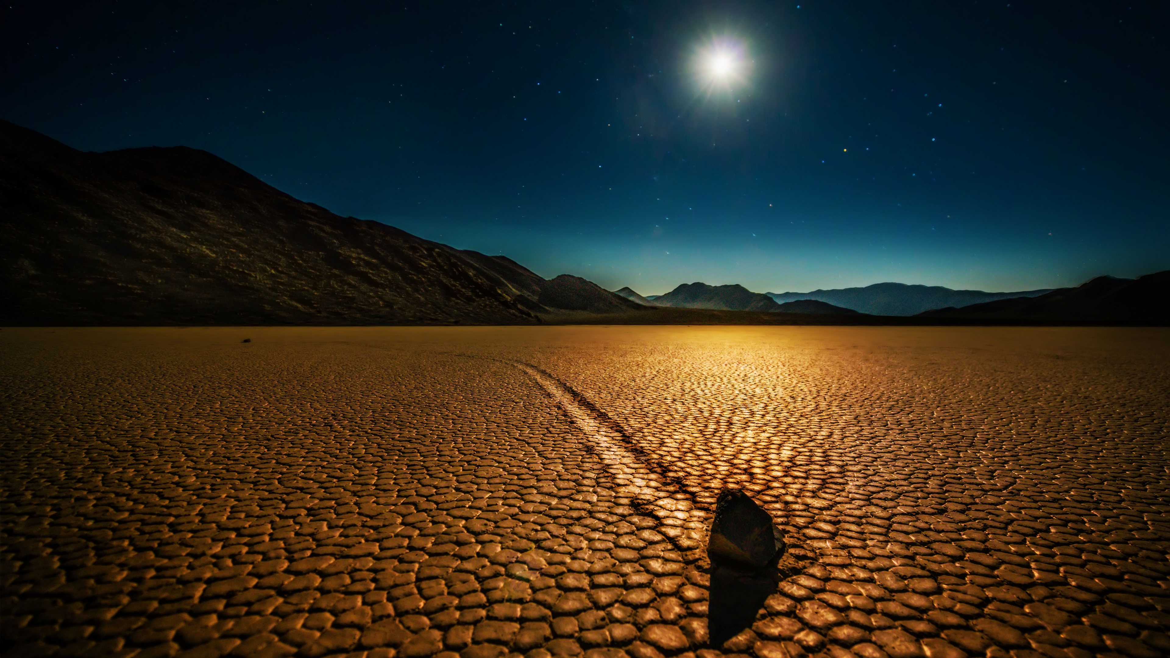 4K Death Valley night landscape with moon and stars HD Wallpaper